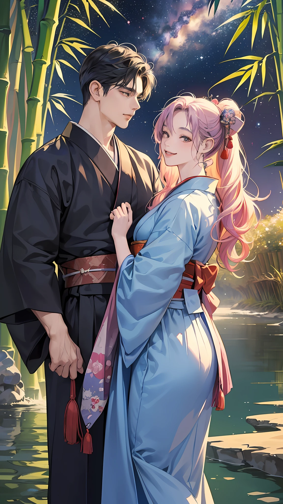 Side view,((The background is a dark night, a very mysterious Milky Way)),(((1Male: the most beautiful Japanese: 21 years old HAORI HAKAMA and 1Female: the most beautiful: 18 years old HAKAMA))),smiling, messy hair, (complex, elegant, vast, fantastic, wavy hair, lively, side view, Japanese style)),((man and woman smiling at each other across the river,))((strip,. Bamboo,))oil painting,soft varnish perfect face nice,kimono: 1.8,blue yellow color,light purple and purple addition,. Pale Red Additions,Intricate Detail Painting: 4K Resolution,Splash Screen,8K Resolution,Masterpiece,Cute Face,Art Station Digital Painting,