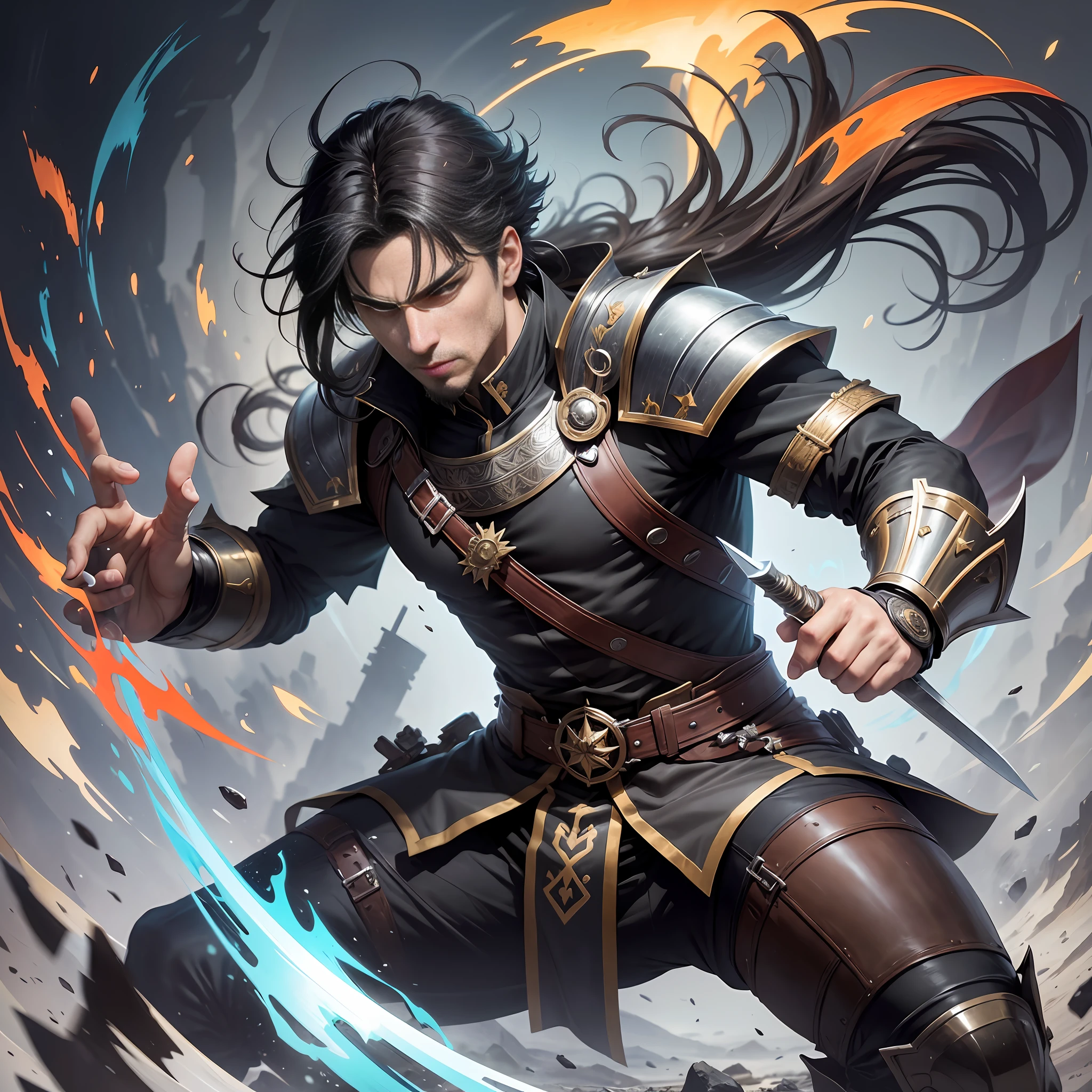 Create an anime-style illustration that depicts a powerful and intense battle scene. The main focus of the illustration should be Nestor, an arrogant 22-year-old with black hair and brown eyes. Your long hair should be tied up in a ponytail that reaches down to your back. Nestor must have been wearing black clothes in the medieval style, adding to his intimidating presence. Nestor must be portrayed in the middle of an action, demonstrating his exceptional skills with two swords. He must be wielding the swords with precision and confidence, engaged in combat with his opponents. The swords should be ornate and visually striking, emphasizing their importance to Nestor's fighting style. Around Nestor, there must be white petals in motion, symbolizing his mastery over his unique ability. The petals should be dynamic, adding movement and energy to the illustration. The background can be composed of a chaotic and dramatic scenario, such as a ruined battlefield or a gloomy landscape, enhancing the intensity of the scene.
Be sure to capture Nestor's determined and arrogant expression, reflecting his confidence in his abilities. Use vibrant colors, detailed strokes, and dynamic poses to enhance the action and intensity of the battle. The overall composition should emphasize Nestor's dominance and dexterity as he faces his opponents. --auto --s2