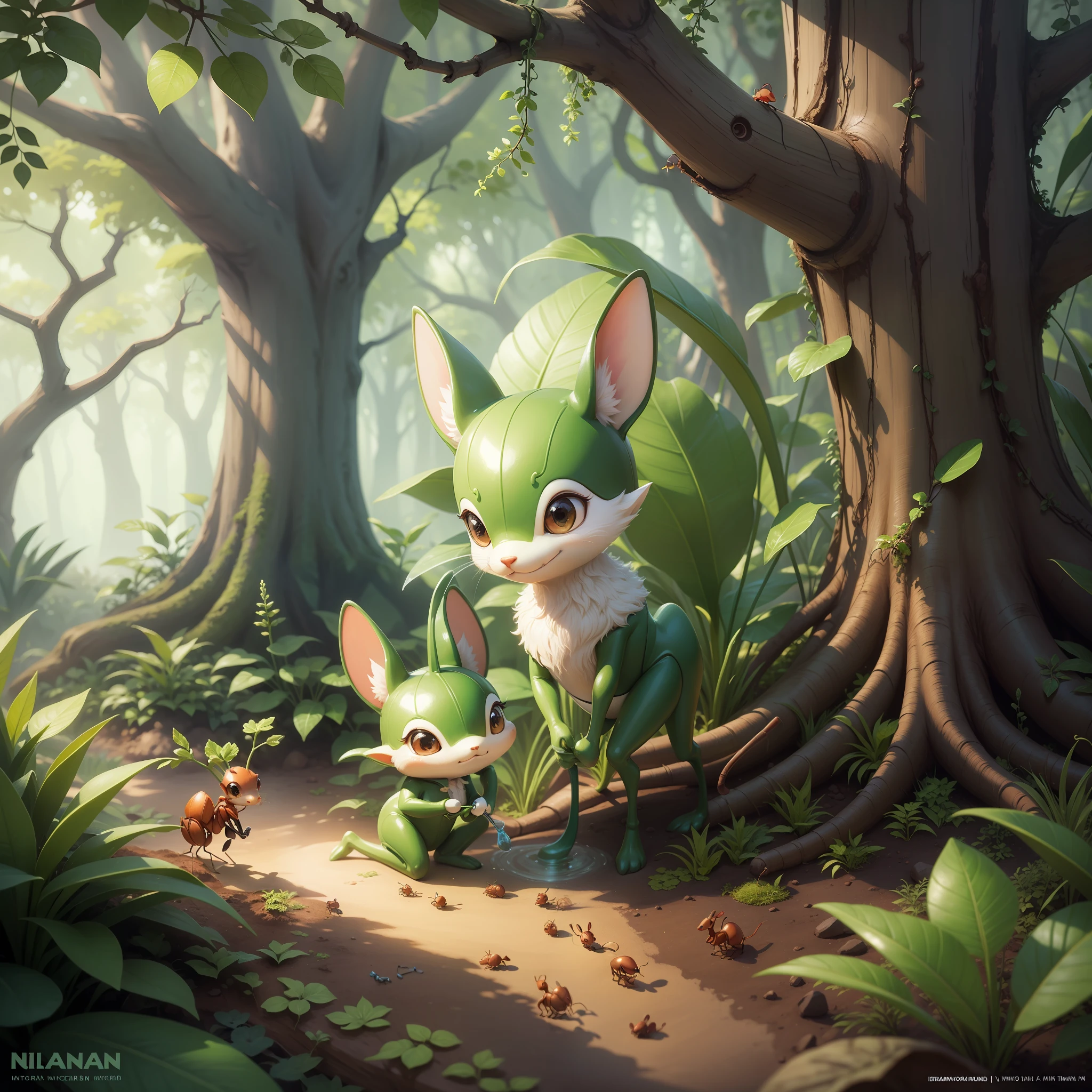 nimal ant, watering little plants in the enchanted forest. enchanted world. infantile. magical. --auto --s2