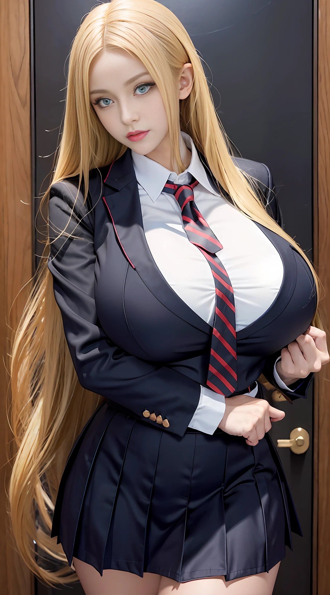 Muscular girl, long blonde hair, devil figure, (huge and amazingly large breasts), (school uniform attire), pose in action