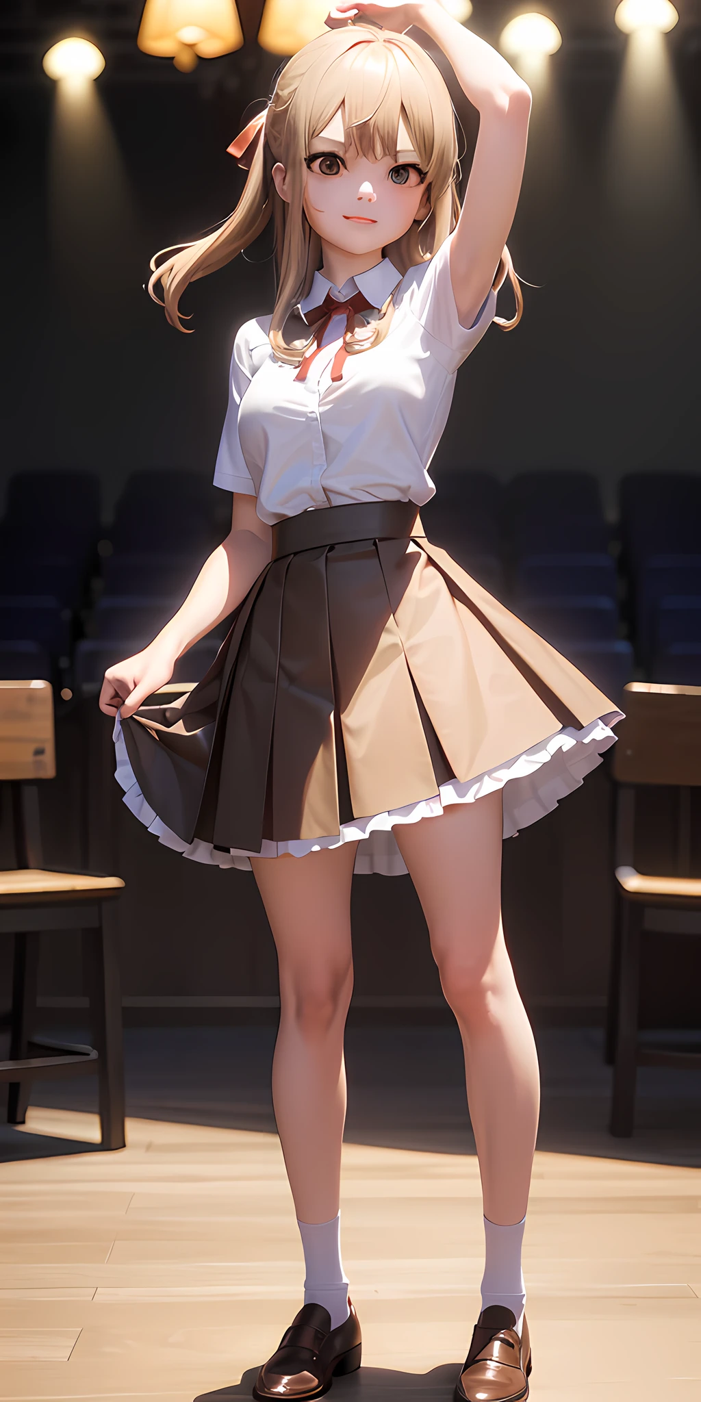 (Masterpiece, Best Quality: 1.2), Full Body, Solo, 1 Girl, Aoki Claire, Evil Smile, Look at the Audience, Jitome, Standing, White Collar Shirt, Red Collar Ribbon, Short Sleeves, Pleated Skirt, White Knee, Brown Footwear, Loafers, Uncover Skirt, Lift Skirt, Untie Skirt