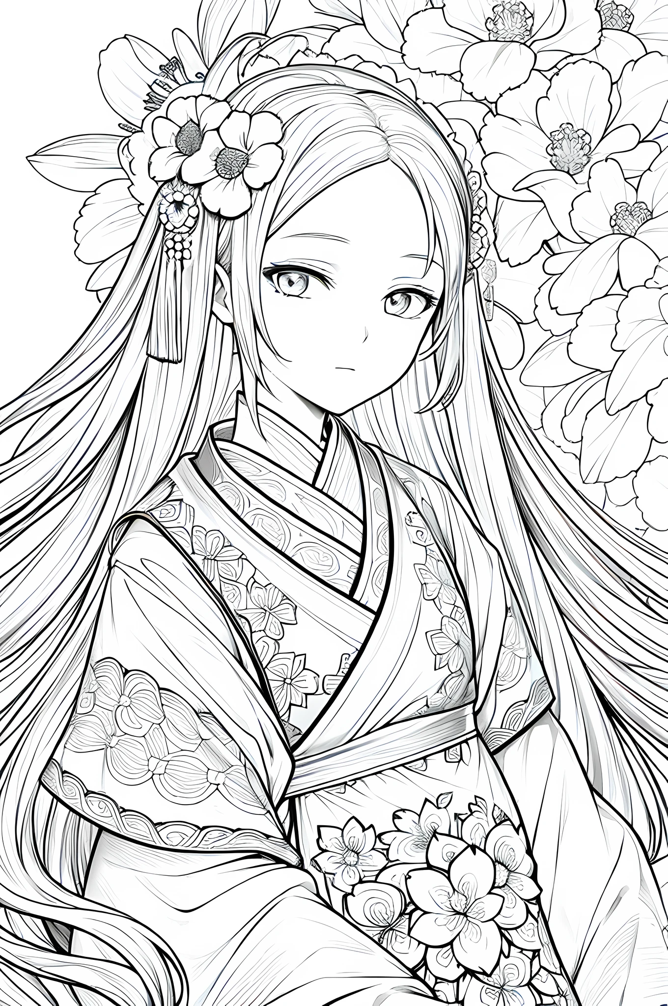 Masterpiece, best quality, (detailed background), high contrast, 1 girl, hanfu, flower background, (white background: 1.5), clean line drawings,