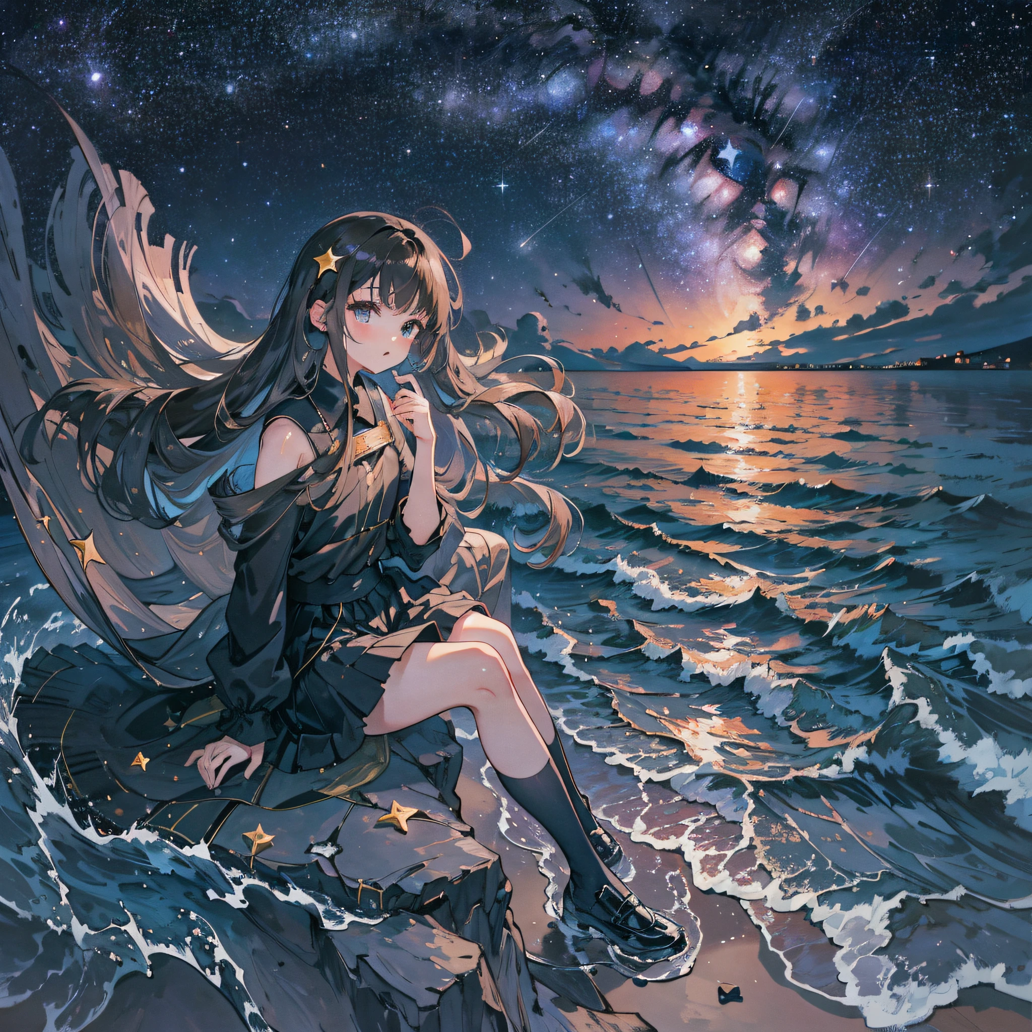 Brunette hair, black silk, short skirt, by the sea, loli, night, sitting, starry sky --auto --s2