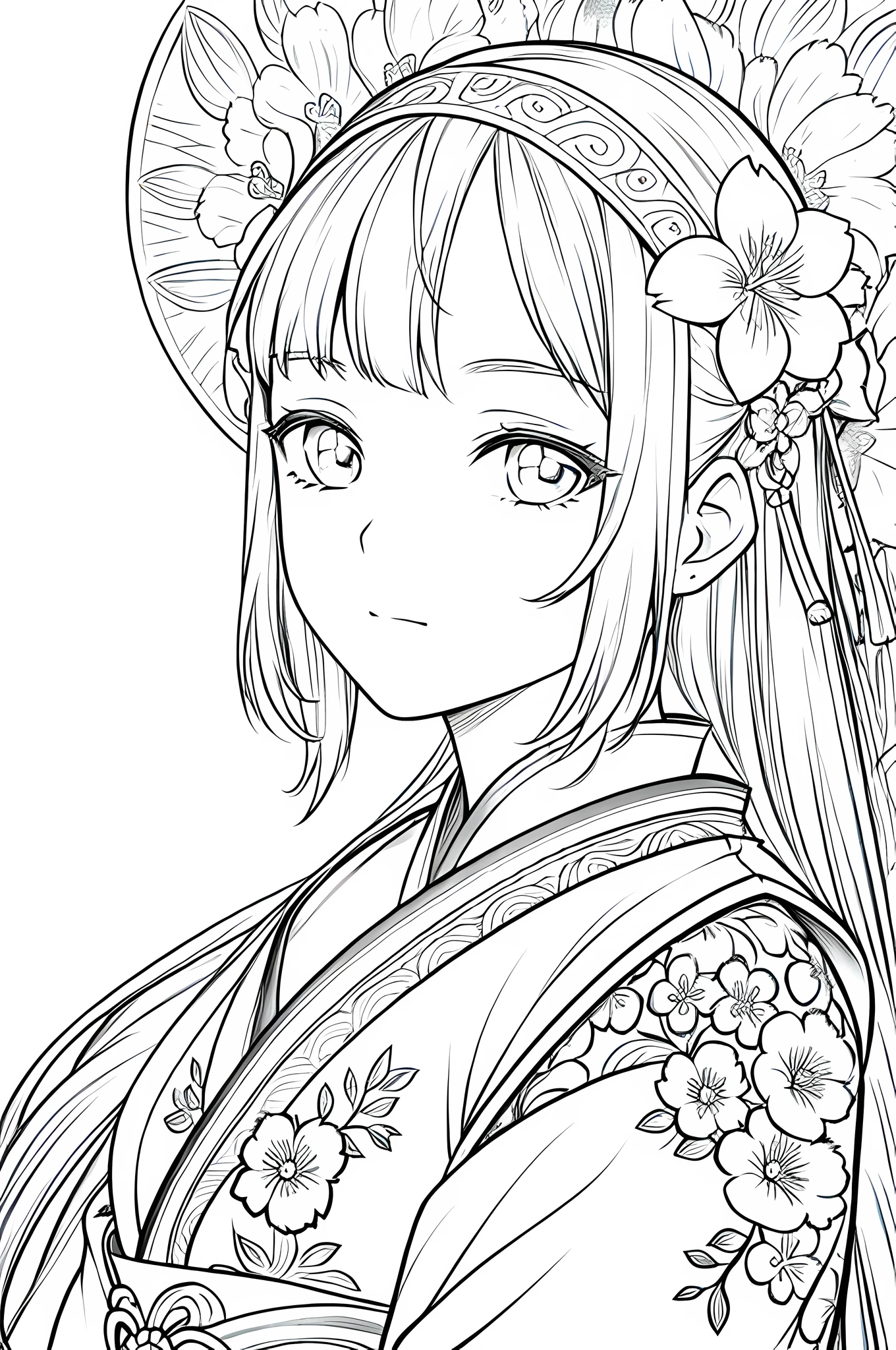 Masterpiece, best quality, (detailed background), high contrast, 1 girl, close-up, hanfu, flower background, (white background: 1.5), clean line drawing,