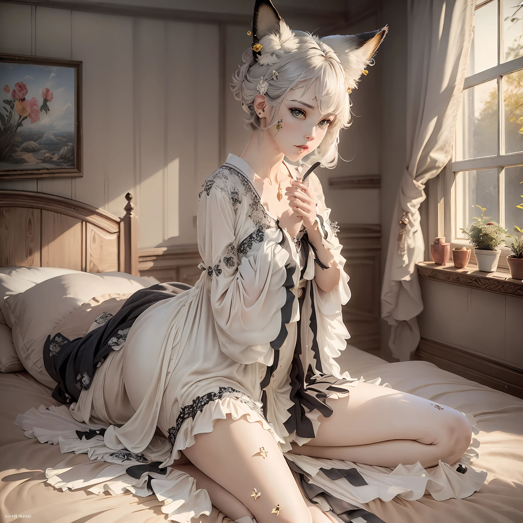 ((masterpiece)),((best quality)),(ultra-detailed),((extremely detailed body)),HDR,ray tracing,(art of light novel:1.1),close up,

1girl,solo,full body,Bed,fox ears,Perfect female body,short and medium hair,Silver hair,Stud earrings,expressionless,Seriously,Pajamas,