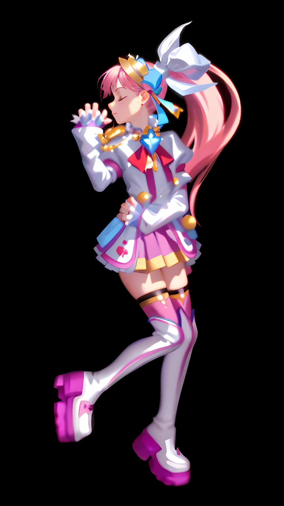 (Masterpiece: 1.5), (Best quality: 1.5), 8k, (Perfect hand: 1.5), 1 girl, eyes closed, mouth closed, pink hair, single ponytail, white top, pink pleated skirt, pink over-the-knee socks, white boots, (no background: 1.5), skinny legs, (cat's claw gesture: 1.5), (perfect hands: 1.5), (five fingers: 1.5),