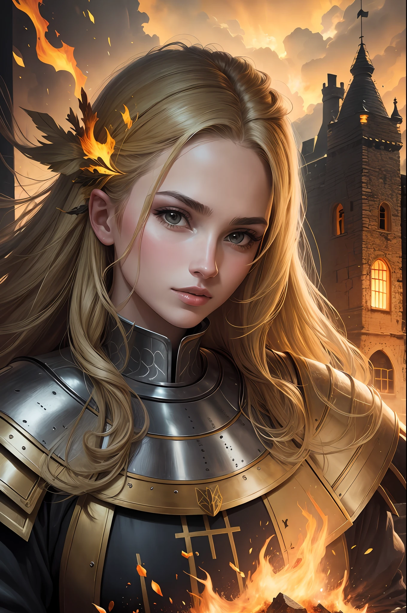 Knight, yellow amor, in the battle, in front of burning castle, portrait