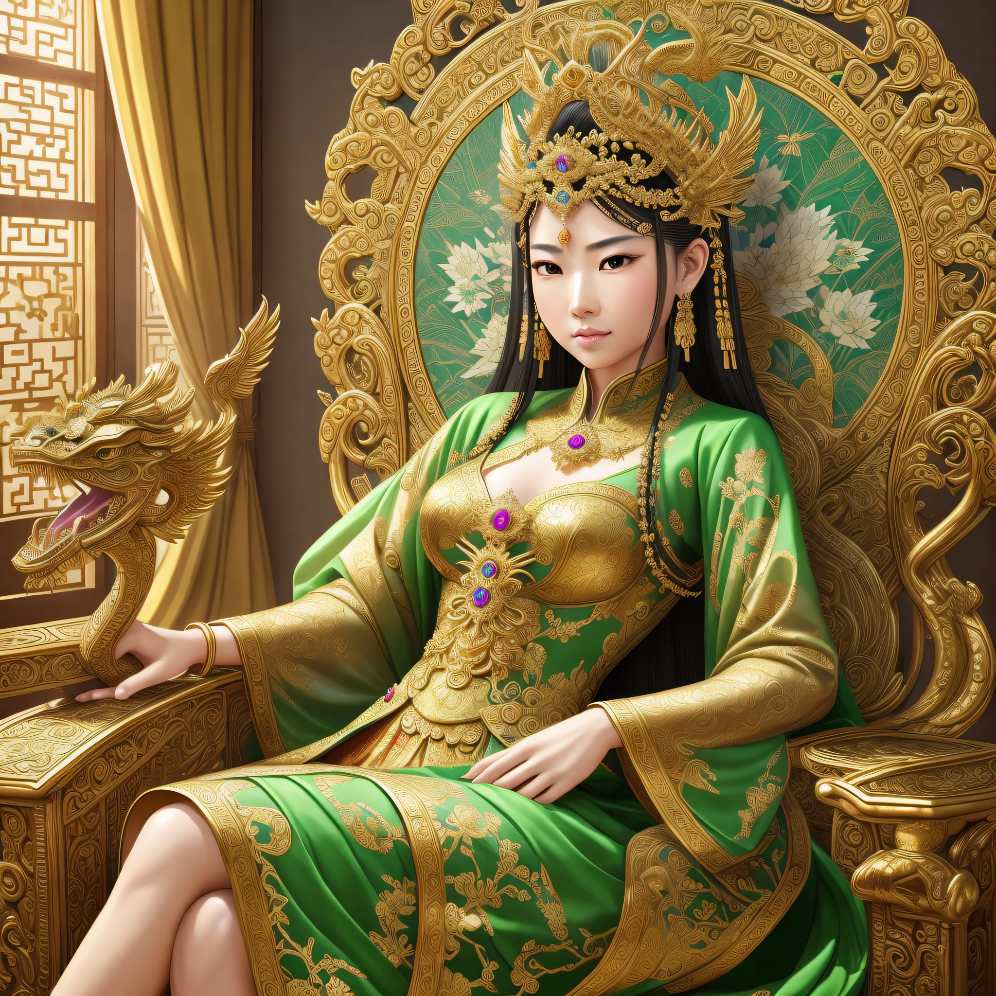 Sitting on a throne, golden lotus princess, ancient Chinese goddess, golden and green dragons, extremely high detail, dress full of jewels, light and hyper realistic shadows