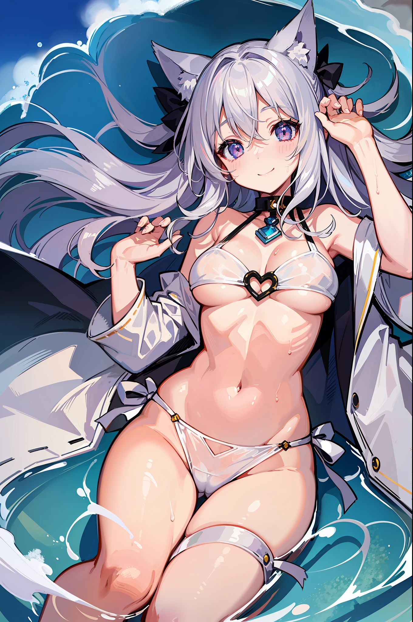 (Masterpiece), (Top Quality Anime Illustration), (Super Definition), One Girl, Solo, Beautiful Girl with Silver Hair, Anime , Cat Ear Lolitite, Cleavage Emphasis, Underboob, Side Boob, Thigh Emphasis, White Robe, Off Shoulder, Wet Sheer, Smile, South Island Sea, Water