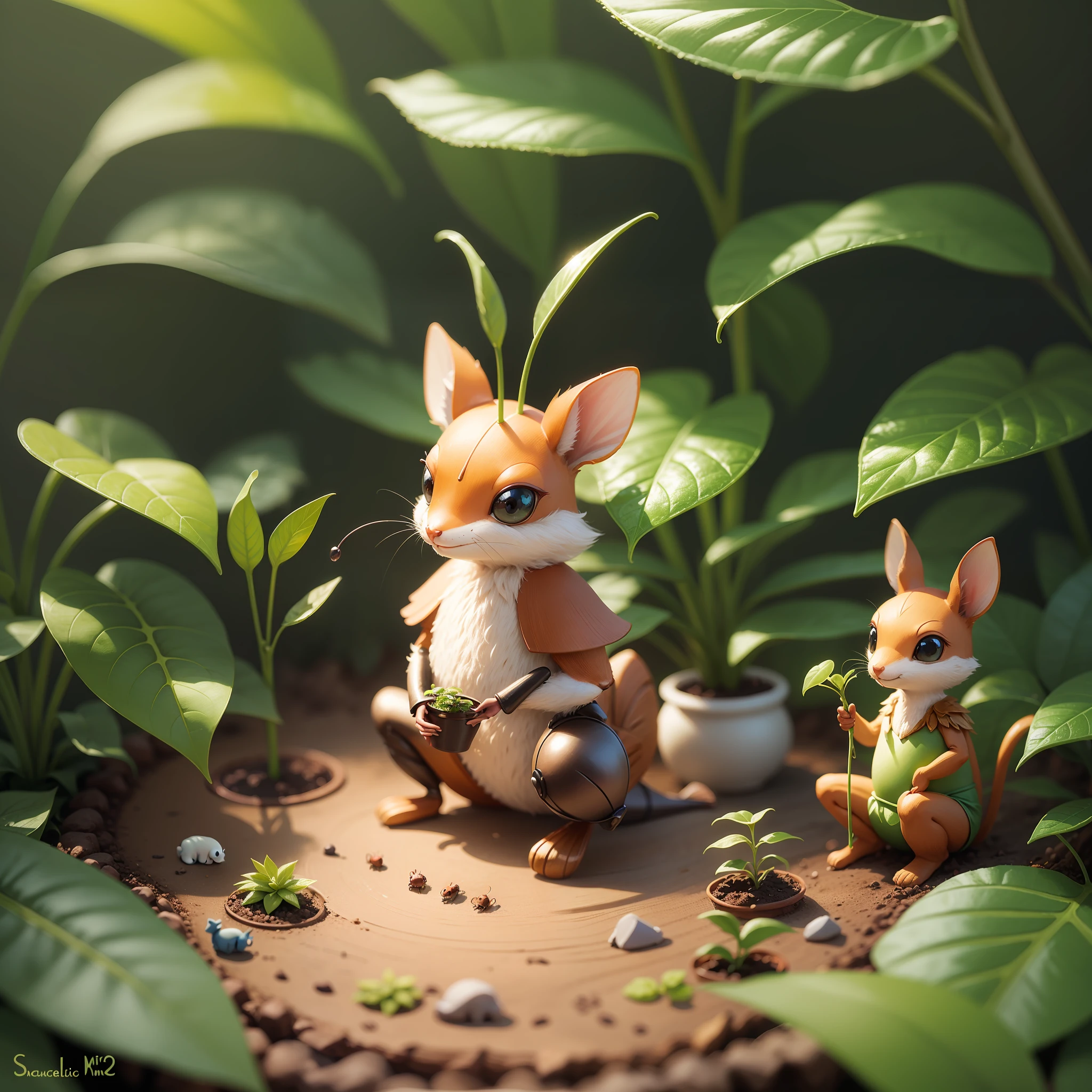 nimal ant, watering little plants in the enchanted forest. enchanted world. infantile. magical. --auto --s2
