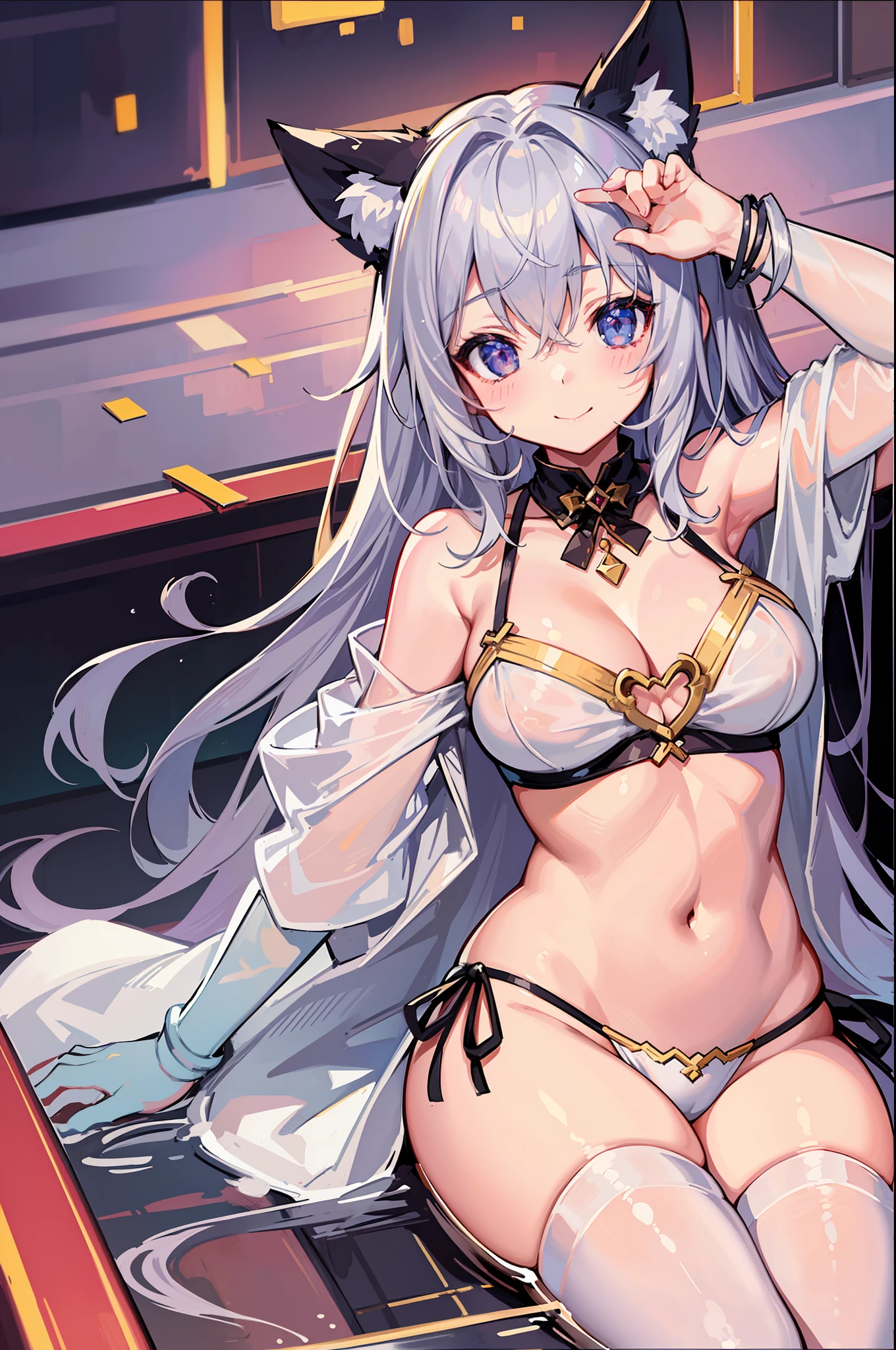 (Masterpiece), (Top Quality Anime Illustration), (Super Definition), One Girl, Solo, Beautiful Girl with Silver Hair, Anime Loli, Cat Ear Loli, Petite, Cleavage Emphasis, Underboob, Side Boob, Thigh Emphasis, White Robe, Off Shoulder, Wet Sheer, Smile, South Island Sea, Water