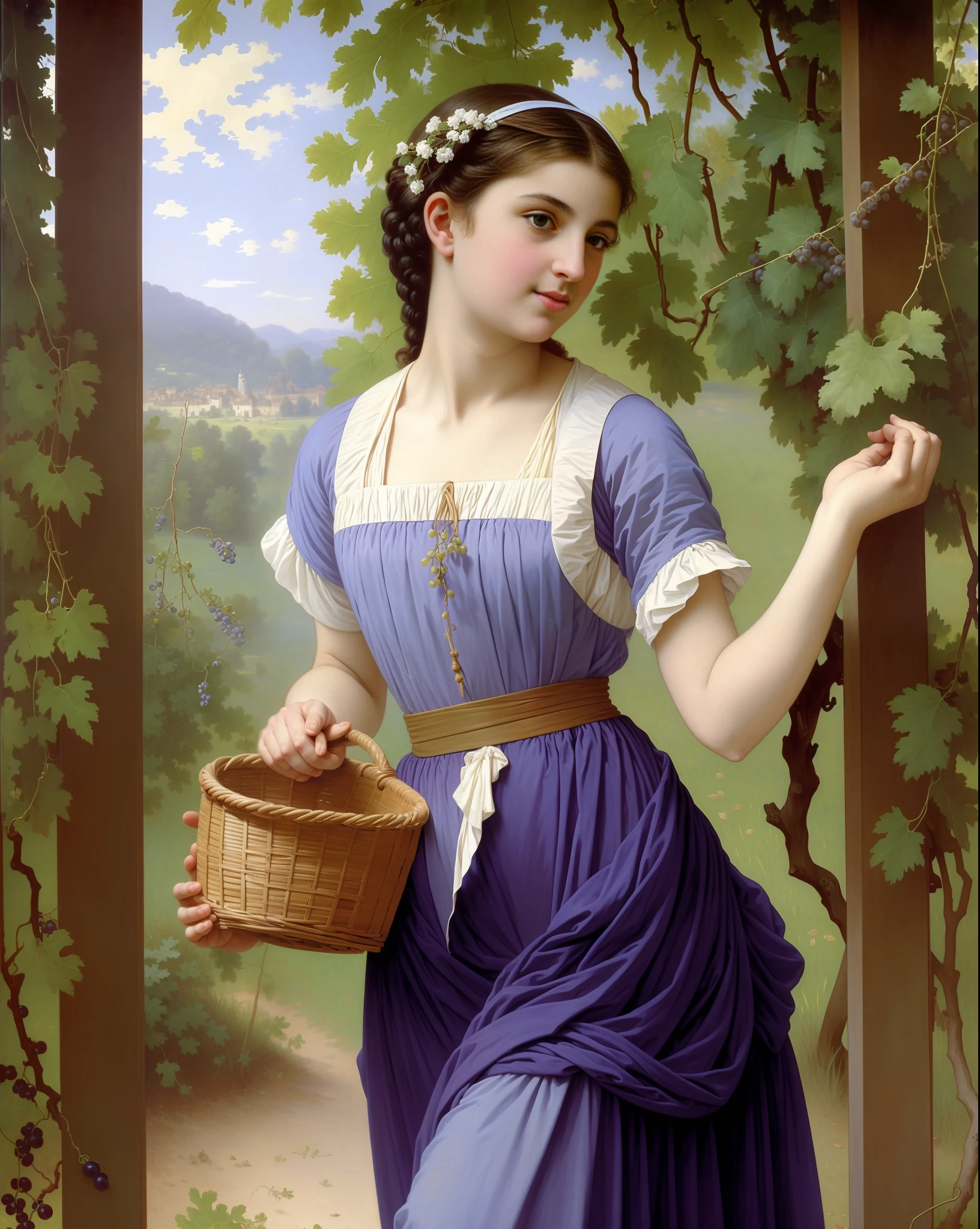 "Grape Harvest" by the artist Adolphe William Bouguereau depicts a young woman with black hair, she is wearing a light tight-fitting apron and ordinary shoes with leather bridges on her feet. In her hands she has a basket full of grapes, a face full of calmness, thoughtfulness, even seems a little tired, because on such a hot day you can only work with great perseverance and patience. The background of the picture is made in the form of green leaves of vines and the light of the French summer. In general, Adolphe William Bouguereau's painting "The Grape Harvest" takes the viewer into the atmosphere of azure summer days, when it is time to pick grapes, and the time when the life of ordinary workers is boiling with sadness and joy about the communication of the soul with nature.