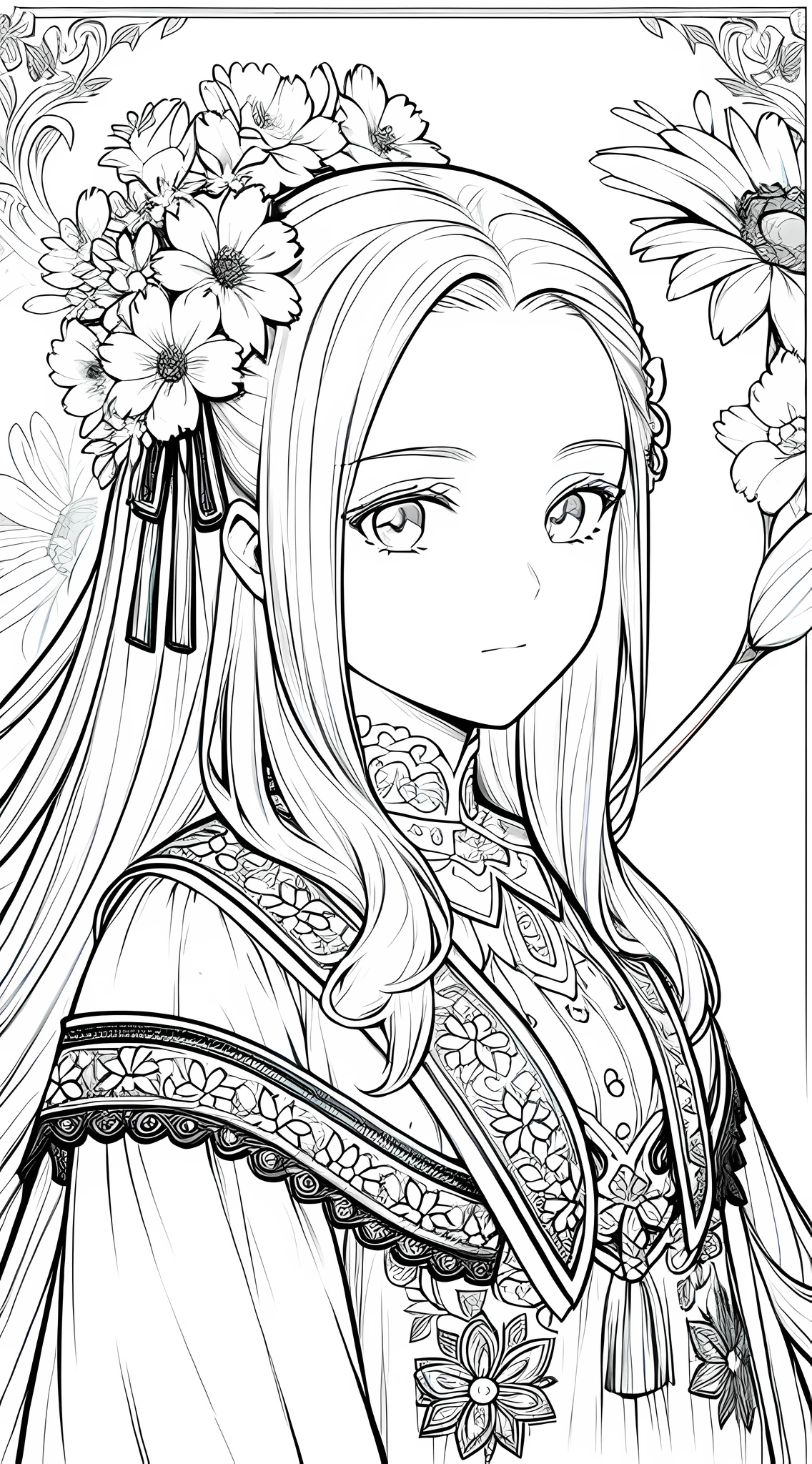Masterpiece, best quality, (detailed background), high contrast, 1 girl, close-up of the head, flower background, clean line drawings,