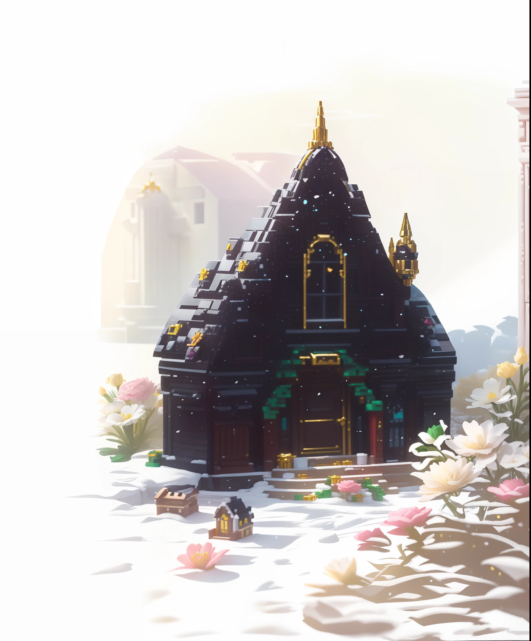 Macaron color scheme, flower shop scene, fairy tale palace, exquisite and gorgeous, building shots, brand new LEGO sets (2 0 2 1), elf house, grand flower temple,; Wide angle shot, flower hut, milky palace, fairy palace, very decorated, Lego, doll house, flower tower