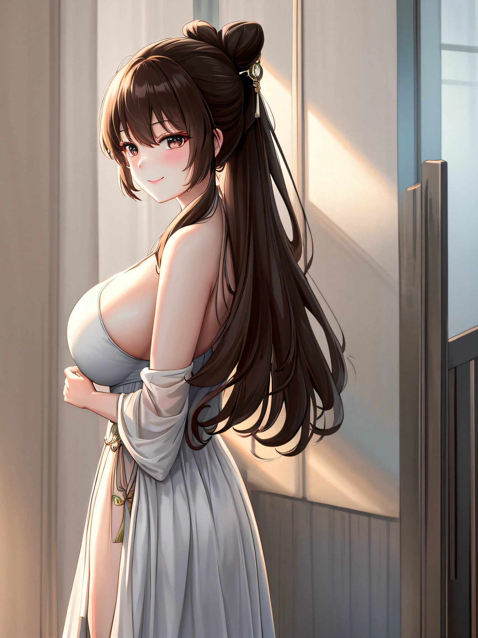 ru_qun,best_quality,head,original_outfit,hanfu,clear details,masterpiece, best_quality, clear details,1girl,all four,on stomach,from back,cowboy shot, best quality, masterpiece, wallpaper, incredibly absurdres, huge filesize, an extremely delicate and beautiful, {{light leaks}}, {{{overexposure}}}, indoor, mature female, pony-tail, bunches, brown hair, {big breasts}, seductive smile, {{{{bathing}}}}, Sukumizu, sexy lingerie,