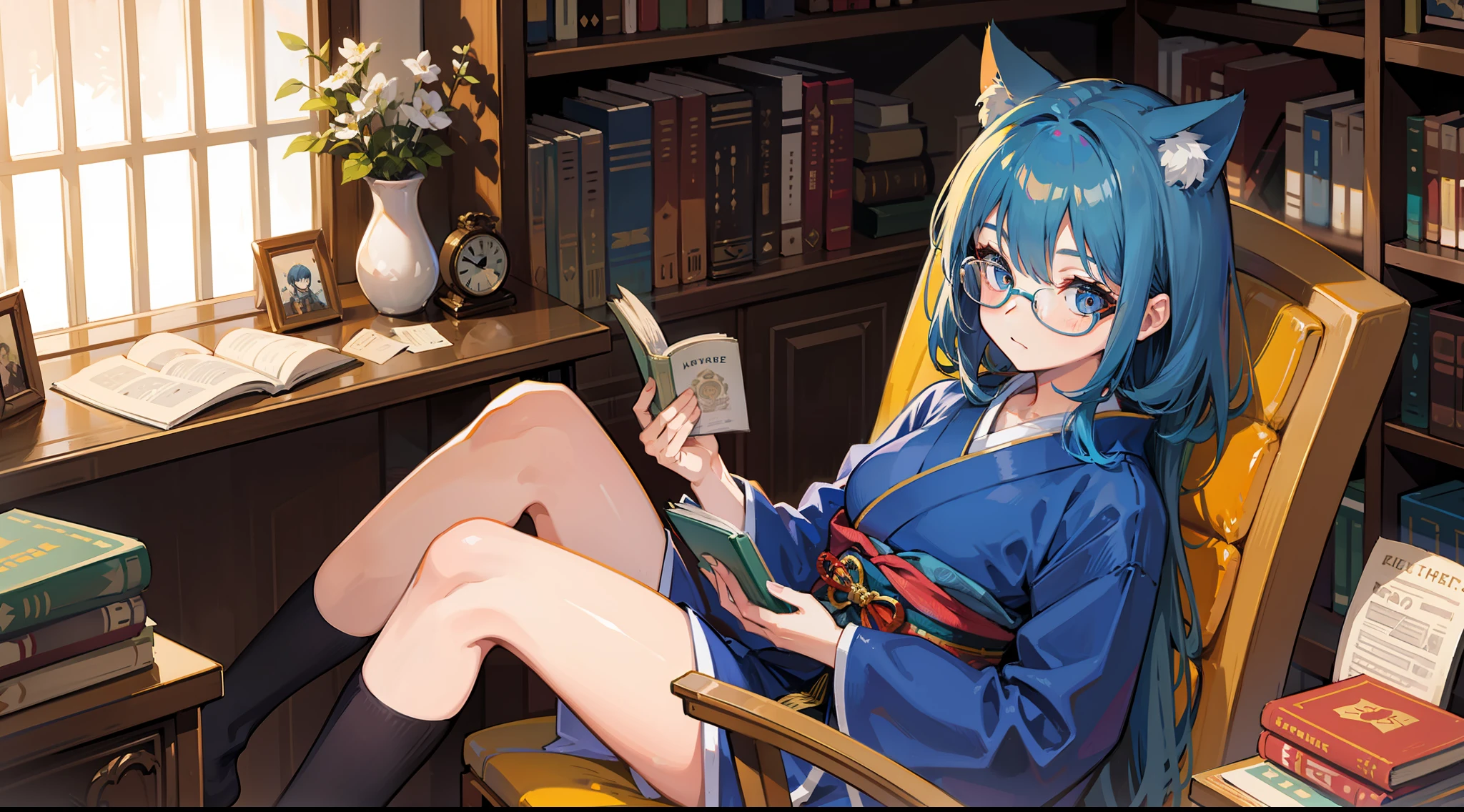 Chat GPT, , girl, blue hair, cat ears, 5 fingers of hands, bookshelf in background, sitting, glasses, kimono, reading a book