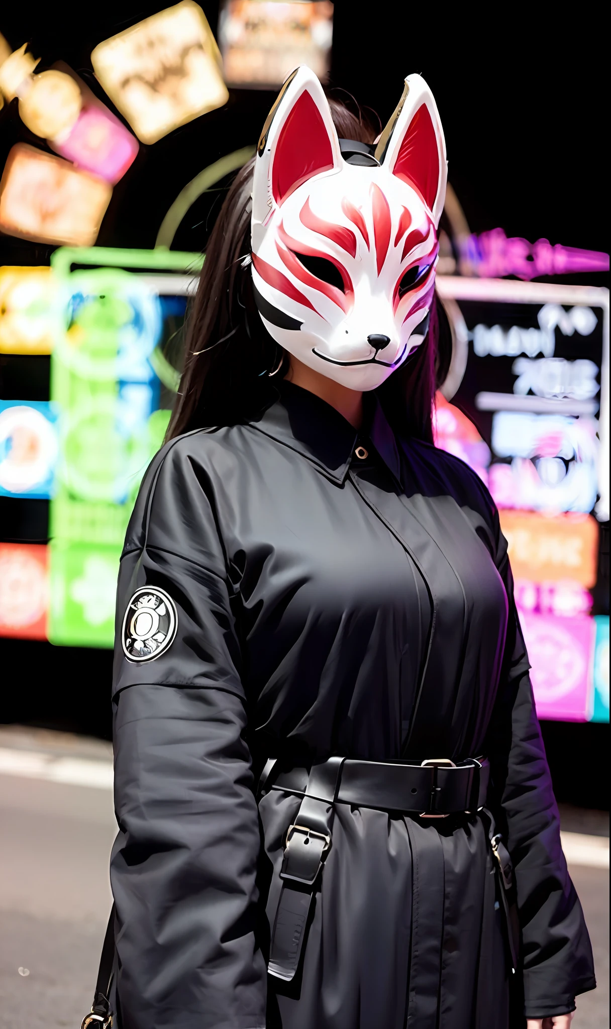 Fox Mask Person with fox mask on face, woman, black, black long coat, night