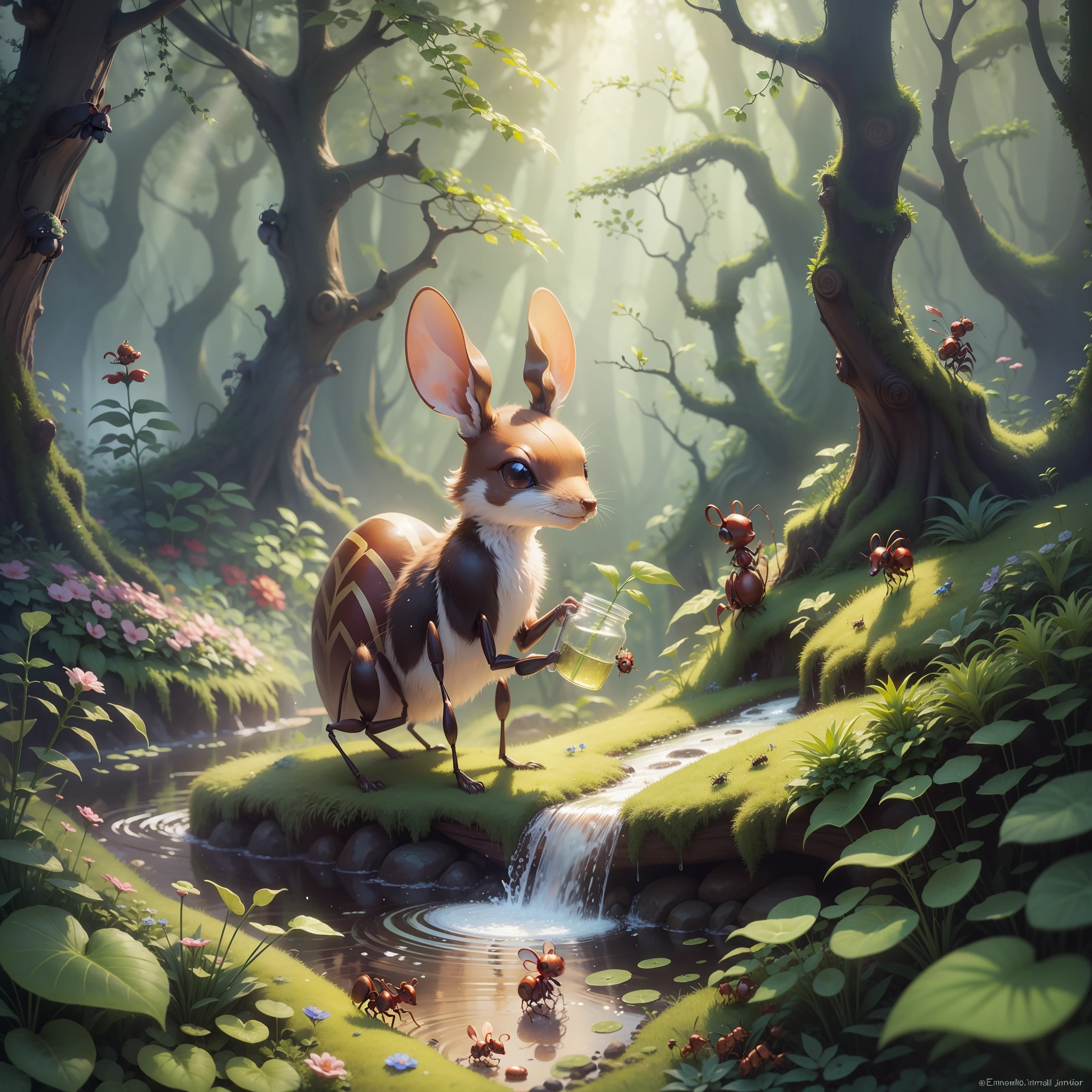 animal ant, watering little plants in the enchanted forest. enchanted world. infantile. magical. --auto --s2