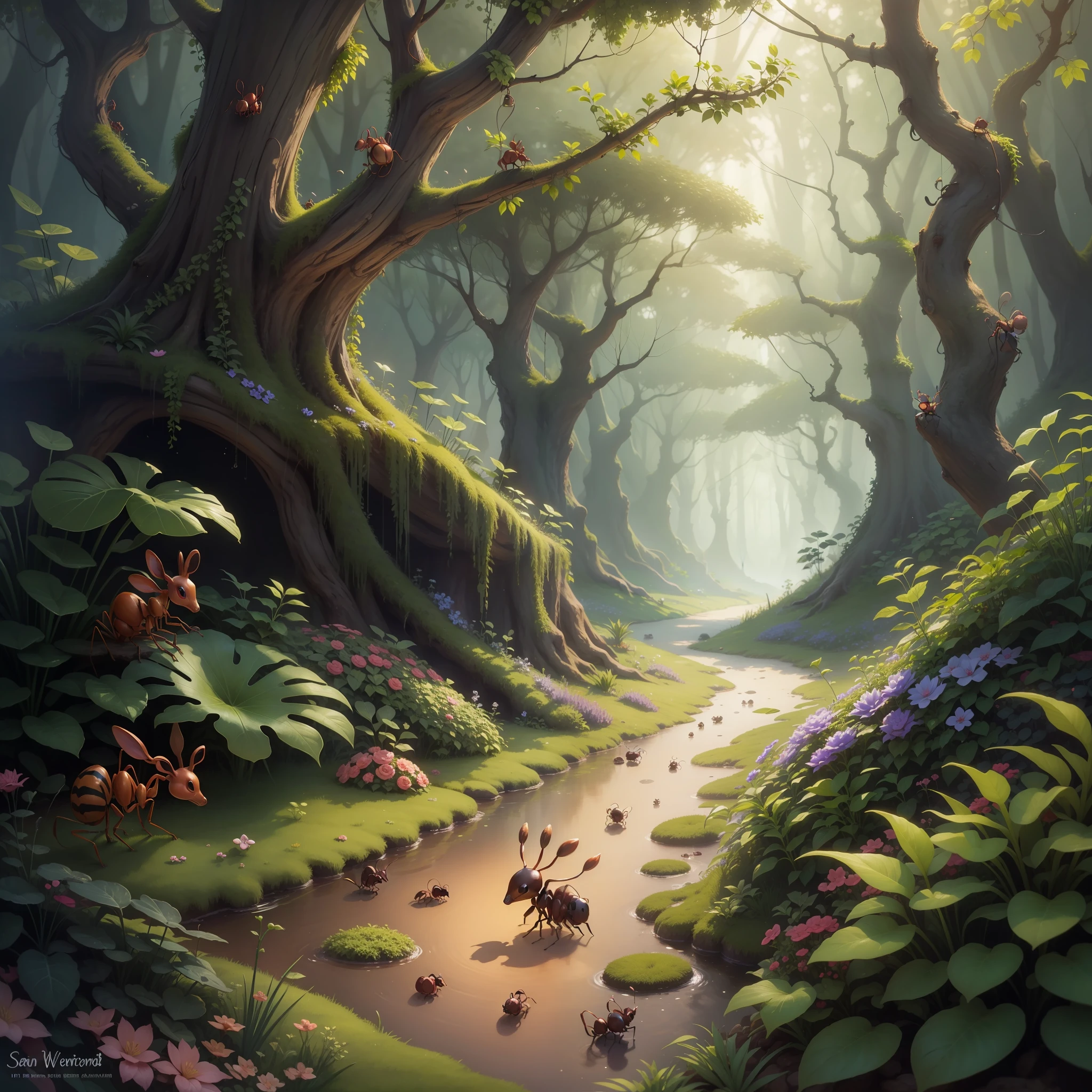 animal ant, watering little plants in the enchanted forest. enchanted world. infantile. magical. --auto --s2