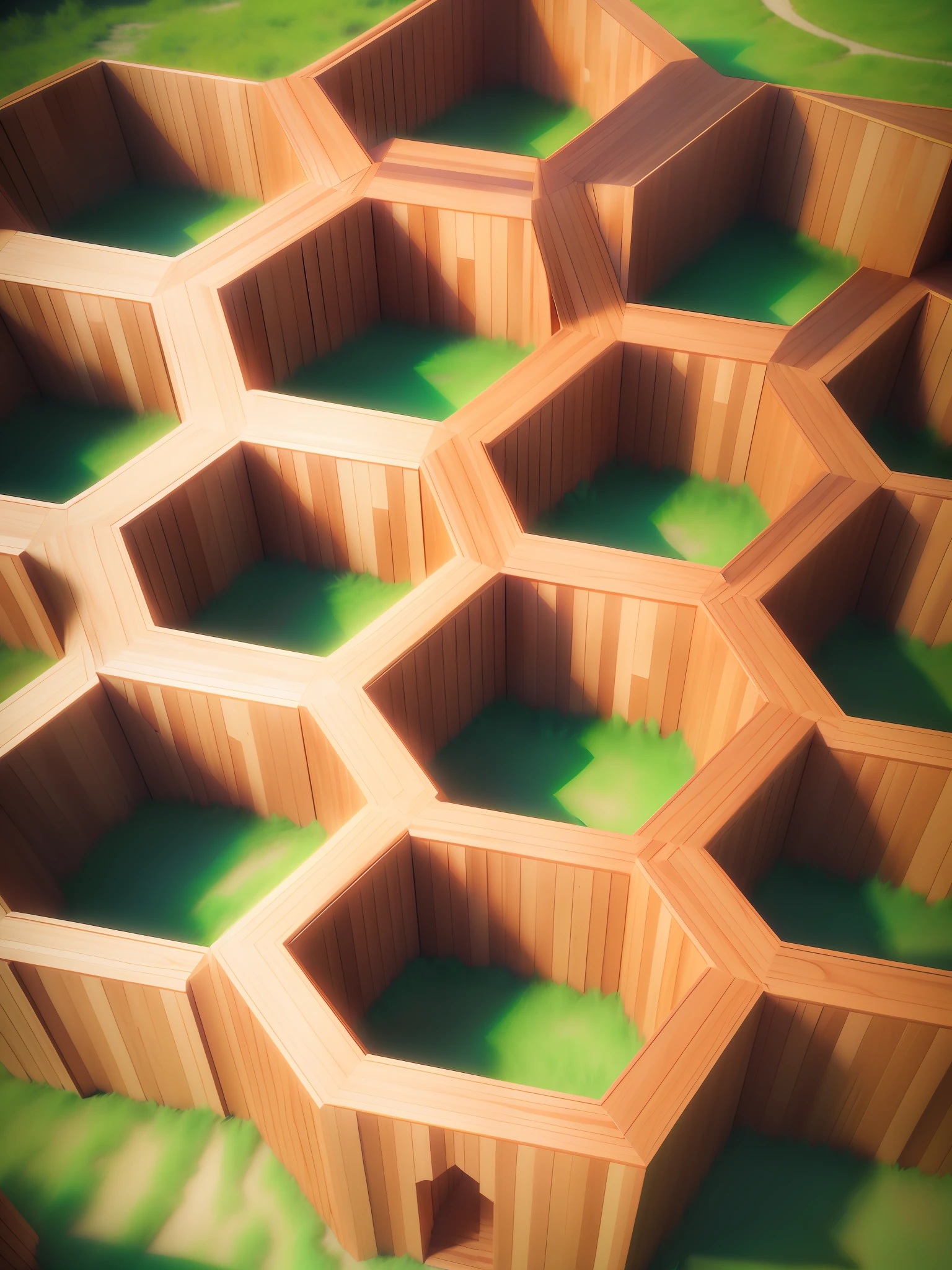There is a wooden maze with orange, Hive interior background, octagonal rendering 8K, rendered in Cinema 4 D, rendered in Cinema4D, honeycomb structure, honeycomb, hexagonal high wall, honeycomb hall, 4 k octane rendering, super detail rendering, hexagons blocking sunlight, stylized to 3D rendering, created in octane rendering, plug-in connections between walls --auto --s2