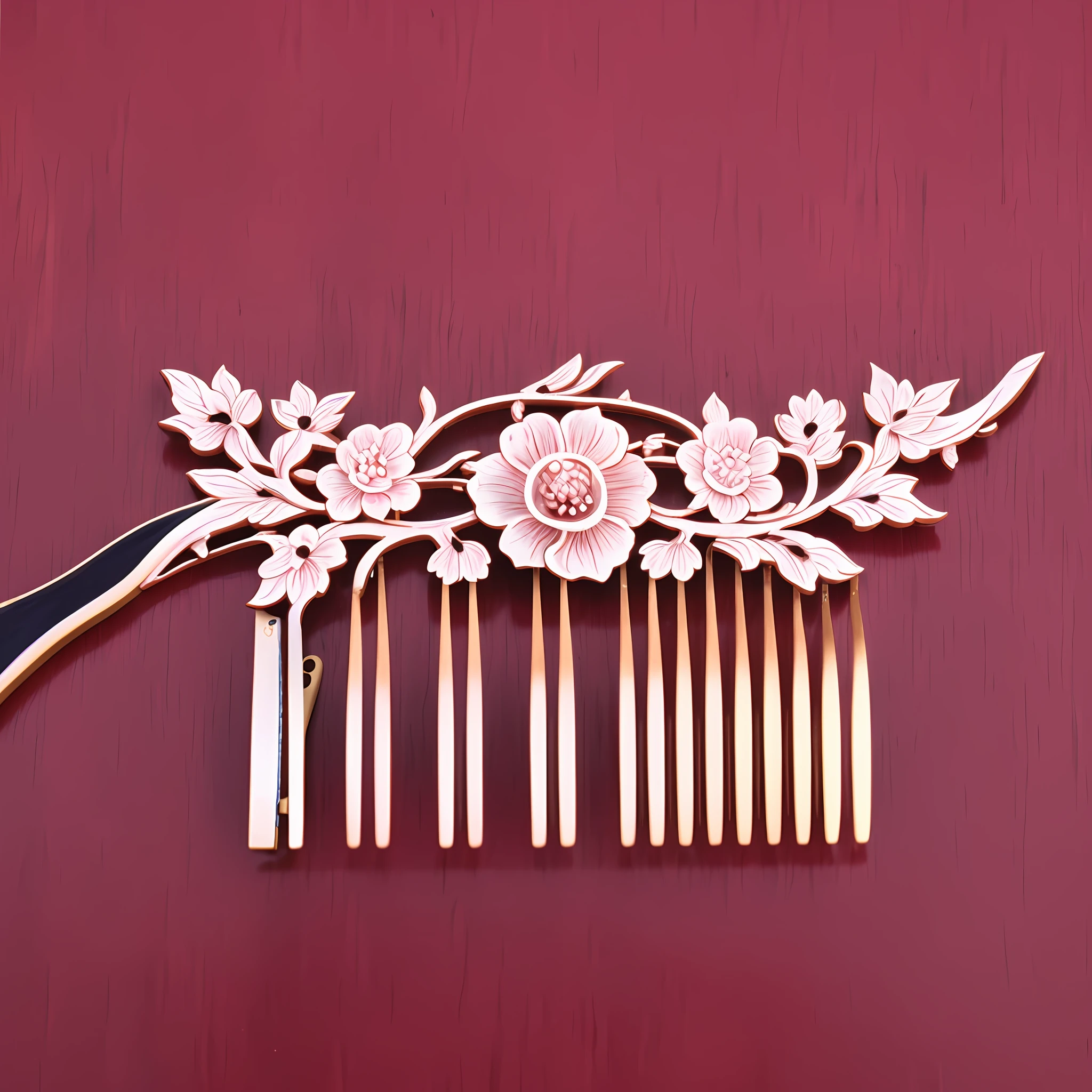 Masterpiece, super high quality, Chinoiserie style, classic elegant style, combination of plum flower pattern decoration and classical wood comb, delicate plum flower texture pattern on the surface of the wood comb, ultimate details, 4k, dreamlike light and shadow, dreamlike color