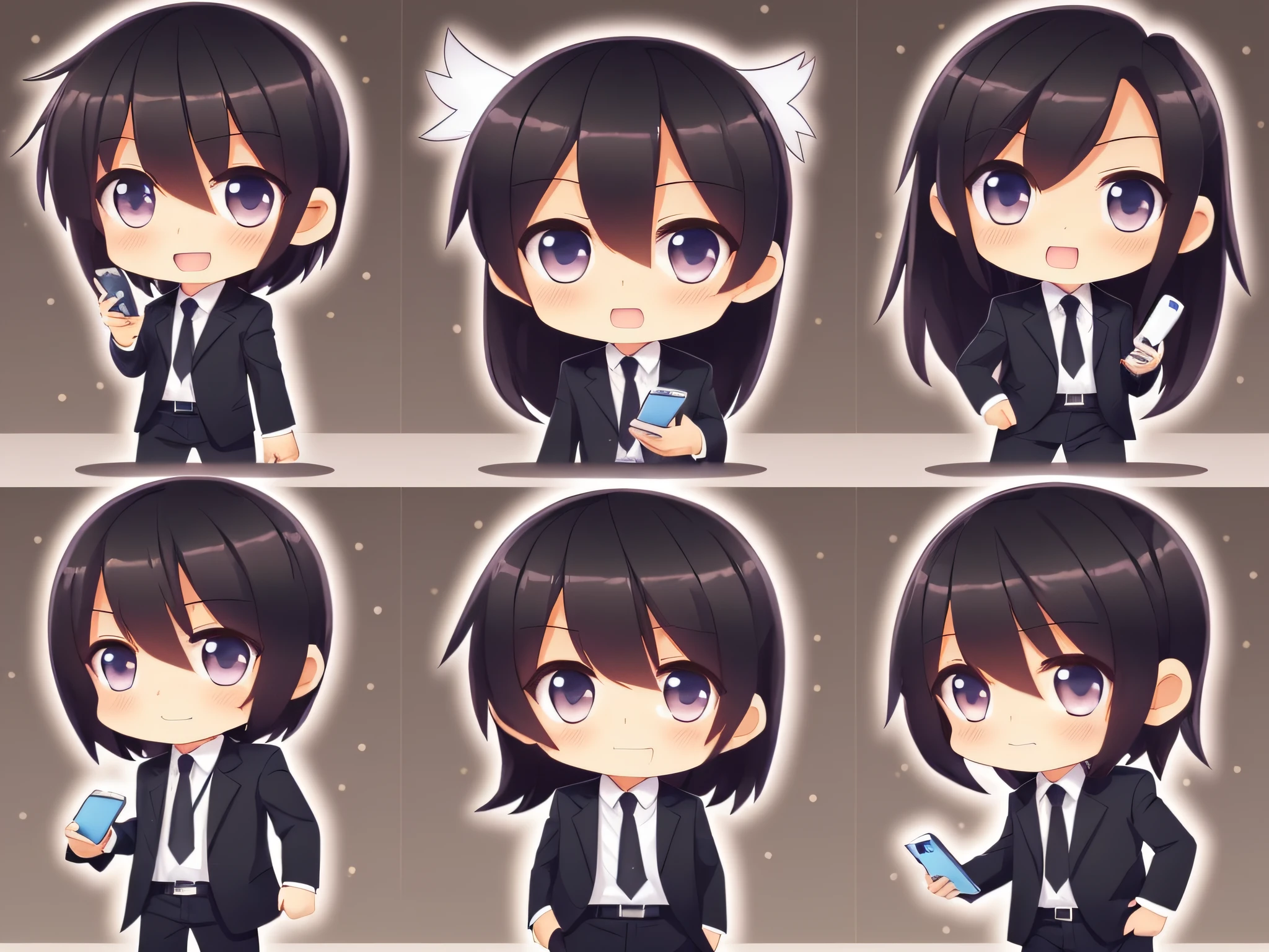 (Best Works:1.4),(Cute),(Illuminated),(Holding a smartphone),(Blushing),(Businessman),(Black suit),(Long pants),(White shirt, no tie),(Brown hair),(Gradient),(3D),(Full body:1.2),(Chibi character) --auto --s2