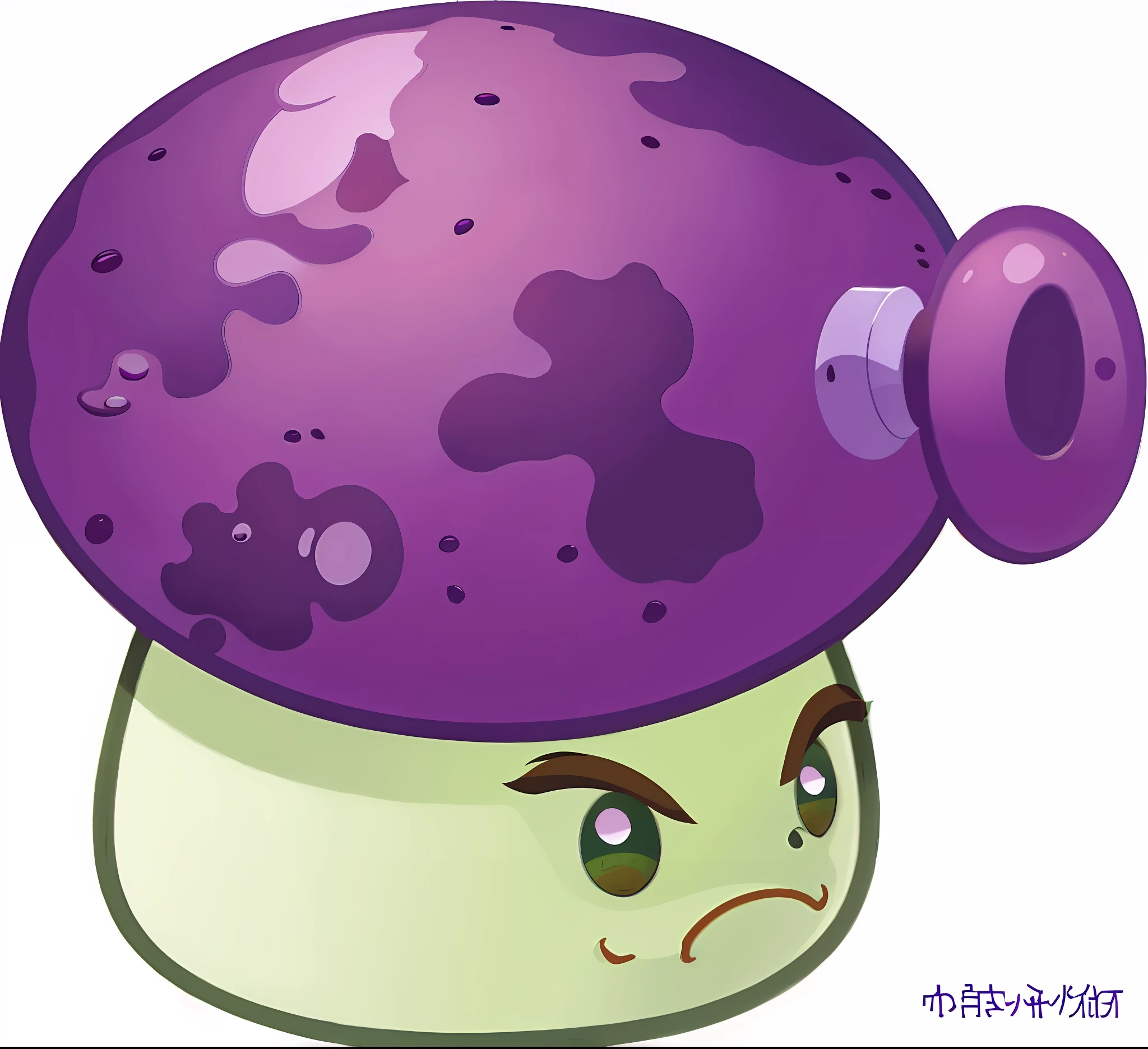 Purple mushroom cap, eyes, mouth, green body, inspired by Plants vs. Zombies