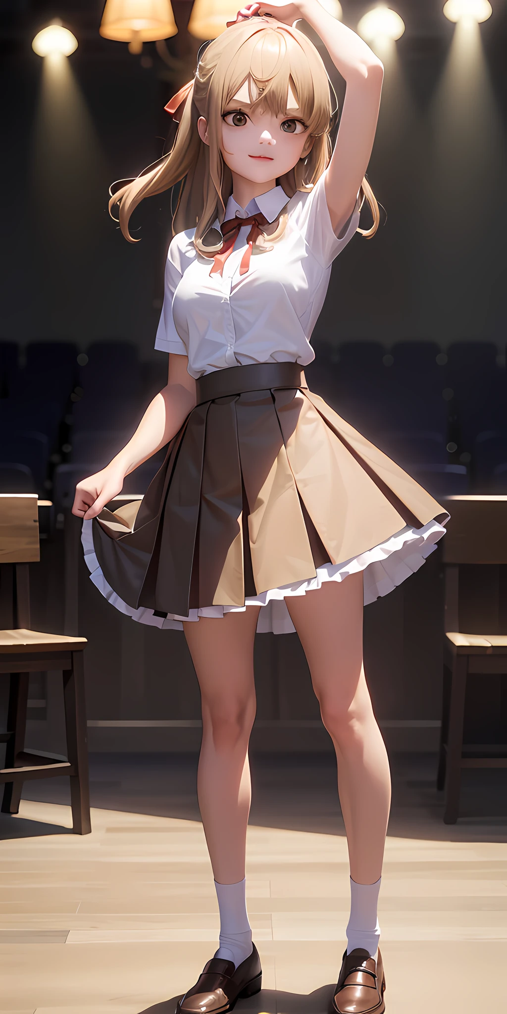 (Masterpiece, Best Quality: 1.2), Full Body, Solo, 1 Girl, Aoki Claire, Evil Smile, Look at the Audience, Jitome, Standing, White Collar Shirt, Red Collar Ribbon, Short Sleeves, Pleated Skirt, White Knee, Brown Footwear, Loafers, Uncover Skirt, Lift Skirt, Untie Skirt，Unfasten the skirt