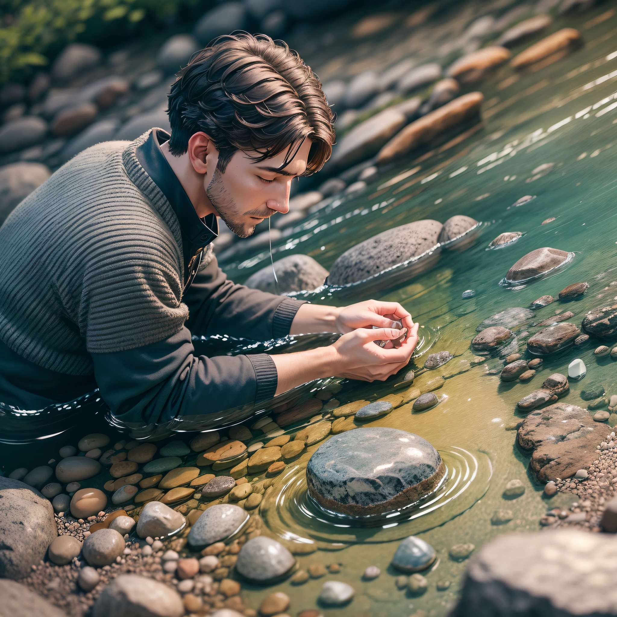 David choosing five smooth stones from a nearby stream, with crystal clear water, RAW photo, small details, photorealistic, ultra-realistic photo, 8k uhd, dslr, soft lighting, high quality, film grain, Fujifilm XT3, (masterpiece: 3.1) --auto --s2