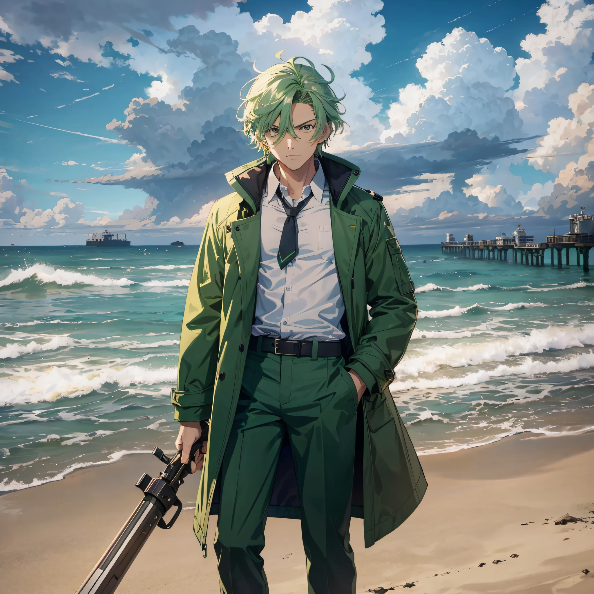 At the weapons testing ground at the empty pier by the sea, a scientist dressed up, a green coat, a white shirt, and a middle-aged man with green hair with an angry expression