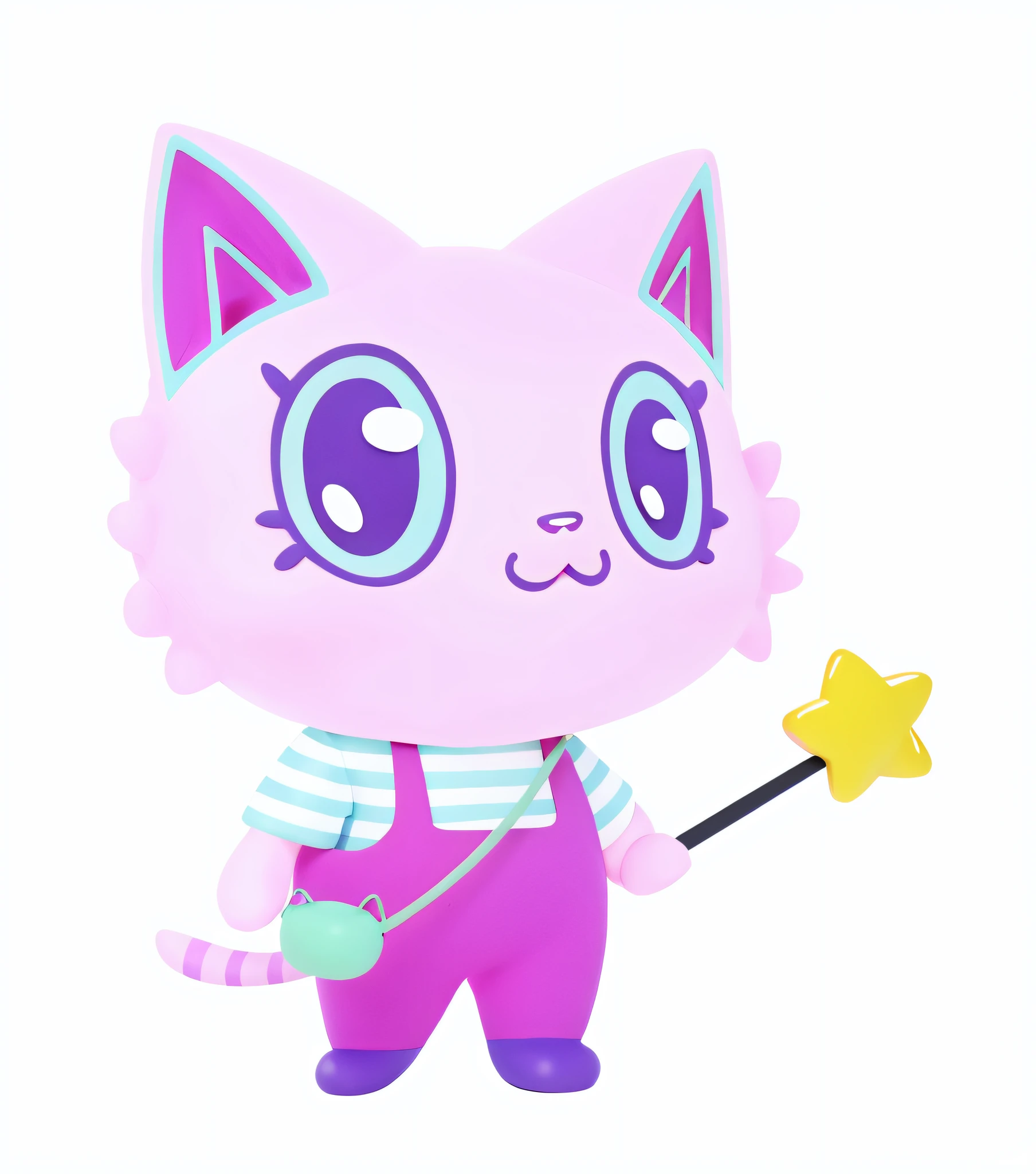 A cute pink cat with big eyes, wearing purple suspenders, green cross-body bag, blue striped t-shirt, holding a magic wand, 3D, cartoon IP