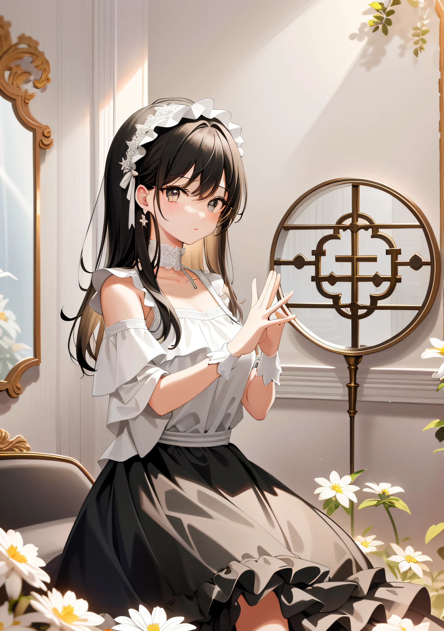 (masterpiece, best quality), (five clear fingers:1.2), black background, high contrast, high gloss, saturated shadows, noticeable and soft at the same time, low blur, clear details. (clear background + high image quality + best art style), soft sunshine, warm atmosphere, , dress, refreshing retro style, slight resort atmosphere