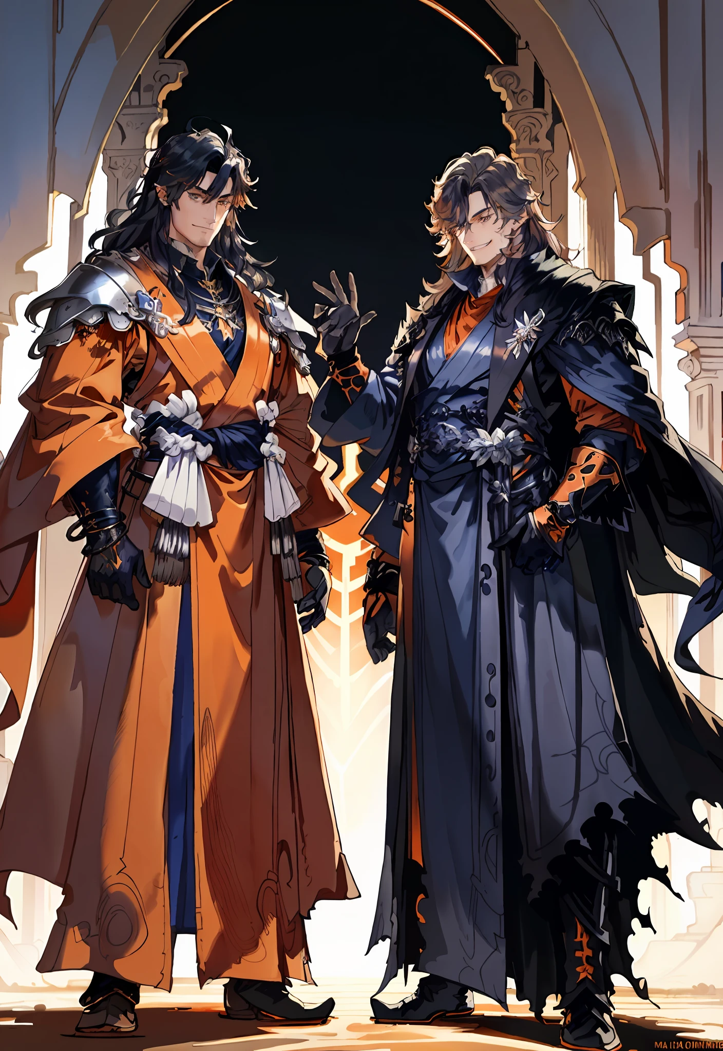 Masterpiece, top quality, two guys, (((complex costumes, burnt orange theme)), smiling expression, tall strong short-haired black-haired man built strong, silver-haired and long-haired man in white robes, sideways swept fringe, indigo blue eyes, golden eyes, sky, flowers, sunset, complex backgrounds, dynamic poses, action scenes