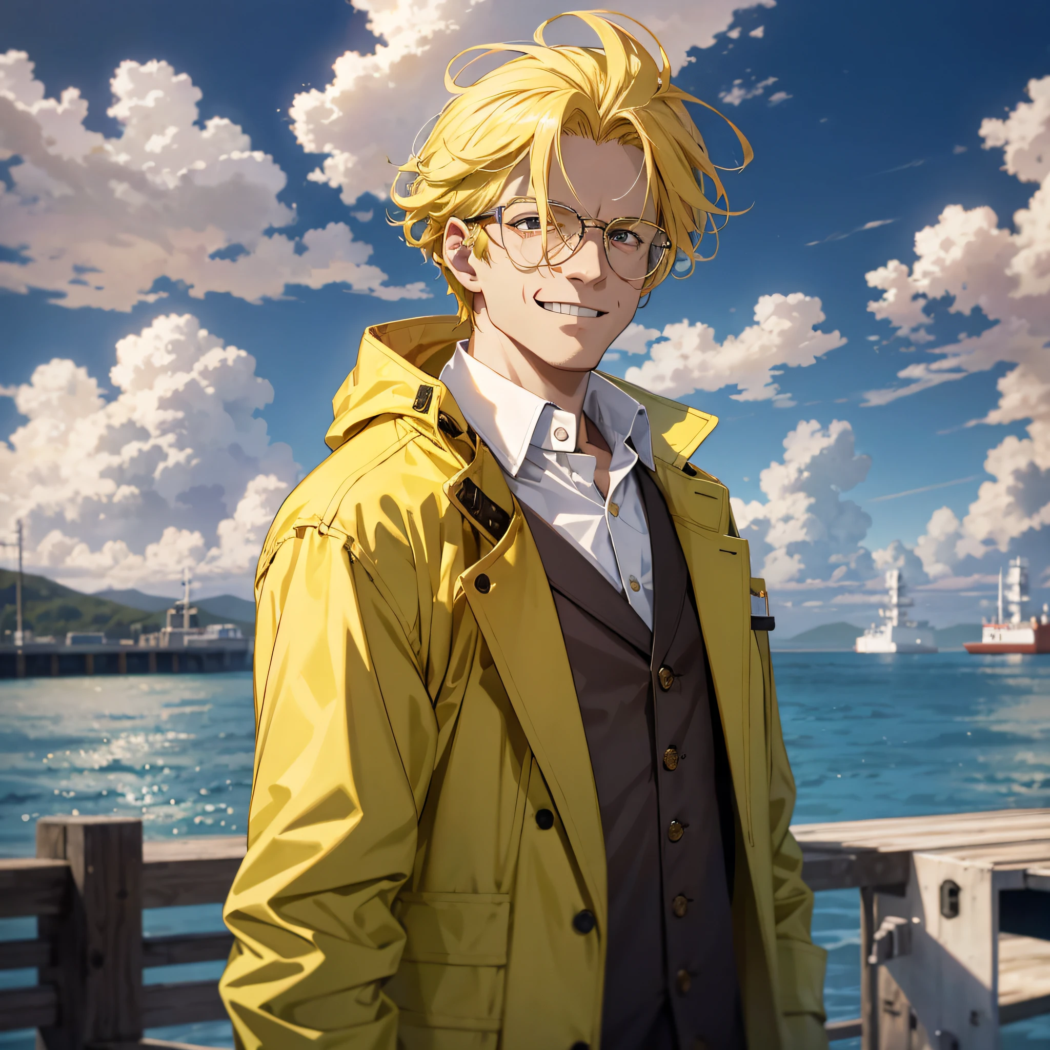 At the weapons testing ground on the open dock by the sea, a scientist dressed up, a yellow coat, a white shirt, and a middle-aged man with yellow hair with a smug and happy expression