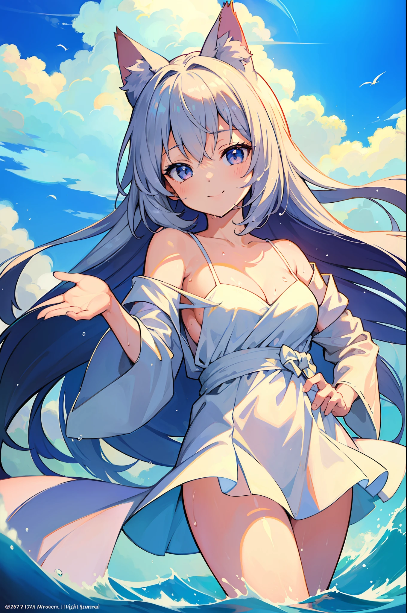 (Masterpiece), (Top Quality Anime Illustration), (Super Definition), One Girl, Solo, Beautiful Girl with Silver Hair, Anime Loli, Cat Ear Loli, Petite, Cleavage Emphasis, Side Boob, Thigh Emphasis, White Robe, Off Shoulder, Wet Sheer, Smile, South Island Sea, Water