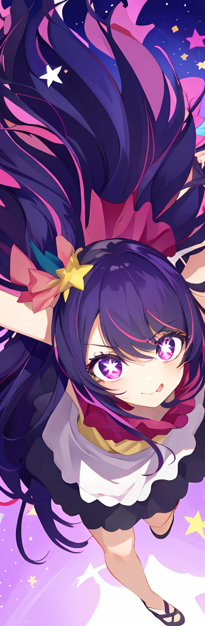 1girl, full body,
, illustration, (masterpiece), (best quality), (ultra_detailed), finely detail,
HshinoAi,gloves, tongue out, tongue, long hair, star \(symbol\), looking at viewer, (purple hair:1.2), purple eyes, hair ornament, frills, pink shirt, smile, sleeveless, shirt, idol, symbol-shaped pupils, hands up, bangs, one side up, star-shaped pupils, arms up,
dress pull,
Roaring Twenties, isometric, from above, sky, flower, cliff,
full body、頭から爪先まで standing