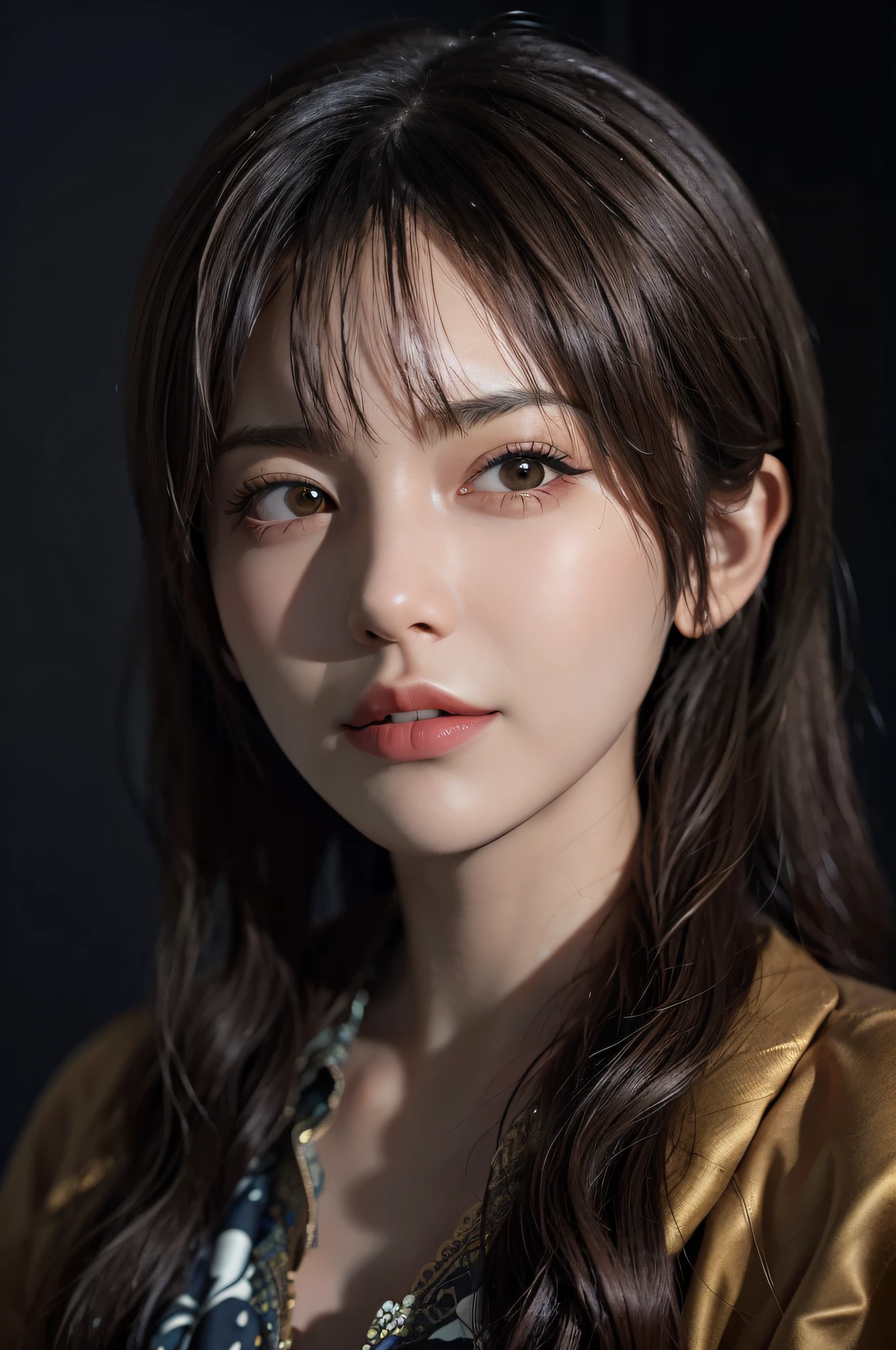(Front Focus), (In the Dark: 1.6), Surrealistic Female Portraits by David Hockney and Alphonse Mucha, Fantasy Art, Photo Realism, Dynamic Lighting, ArtStation, Poster, Volumetric Lighting, Very Detailed Faces, 4 K, Award-Winning , 1girl, In the Dark, Deep Shadow, Low Key, Cowboy Shot, (Official Uniform: 1.4), Long Hair, White Hair, Dressed in White, with a slightly melancholy face