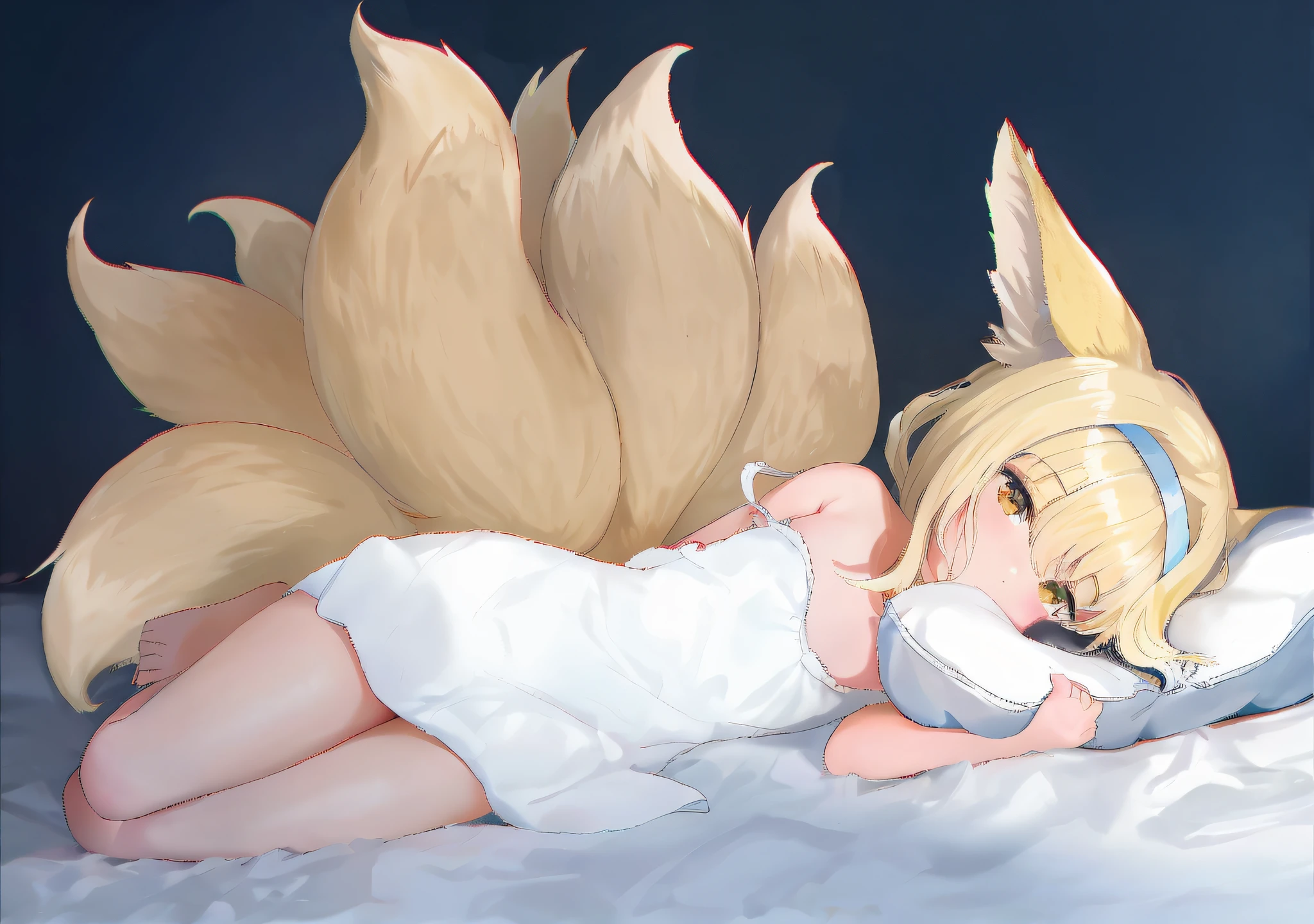 anime - style drawing of a girl laying on a pillow with a bunny ears, fluffy tail, thick fluffy tail, sfw version, at pixiv, top rated on pixiv, pixiv, fox tail, small curvy , pixiv 3dcg, lolidress, kemono, zerochan art, laying back on a pillow, pixiv contest winner