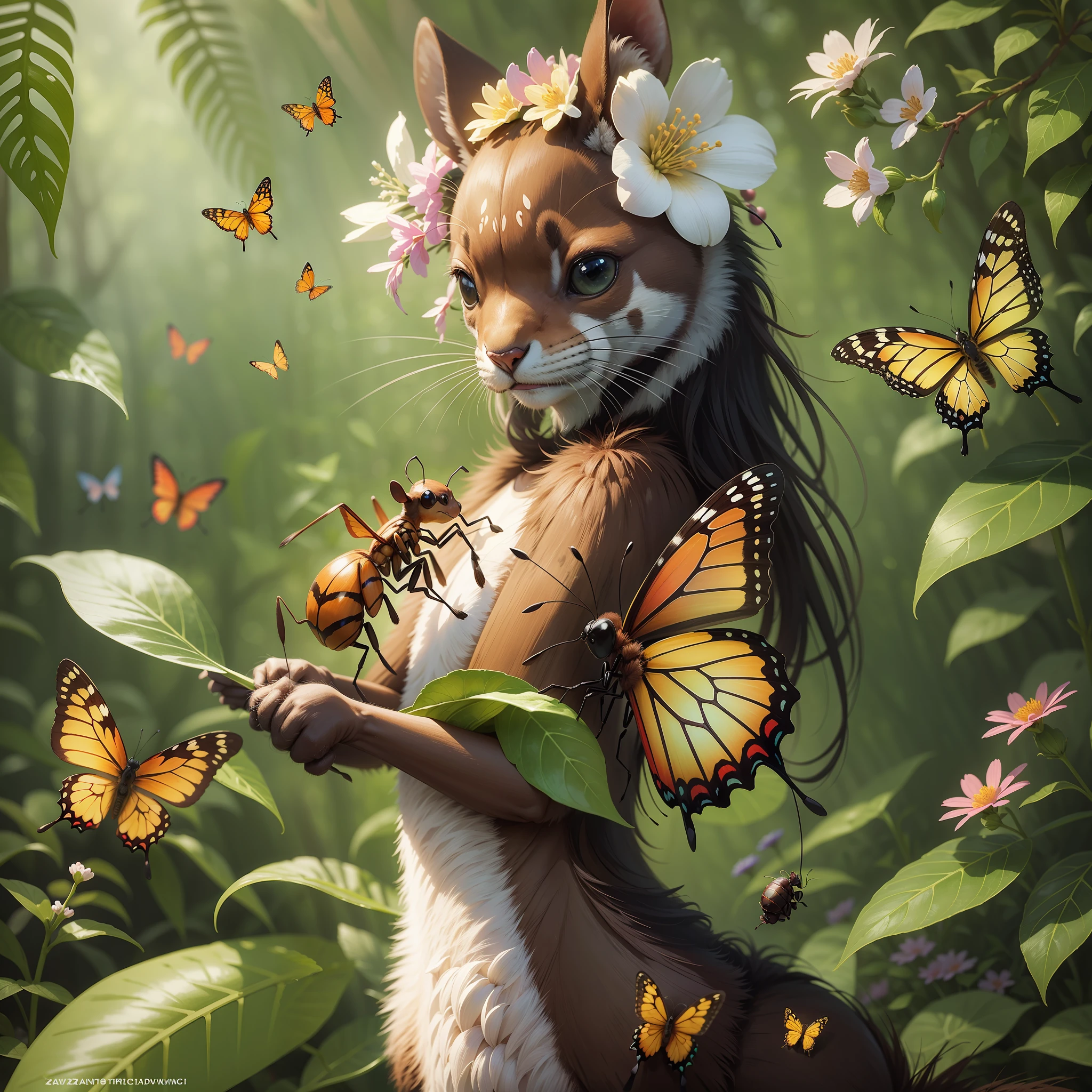 animal ant, dancing, flowers, spring in the forest. Butterflies smiling. musical notes in the air. enchanted world. --auto --s2