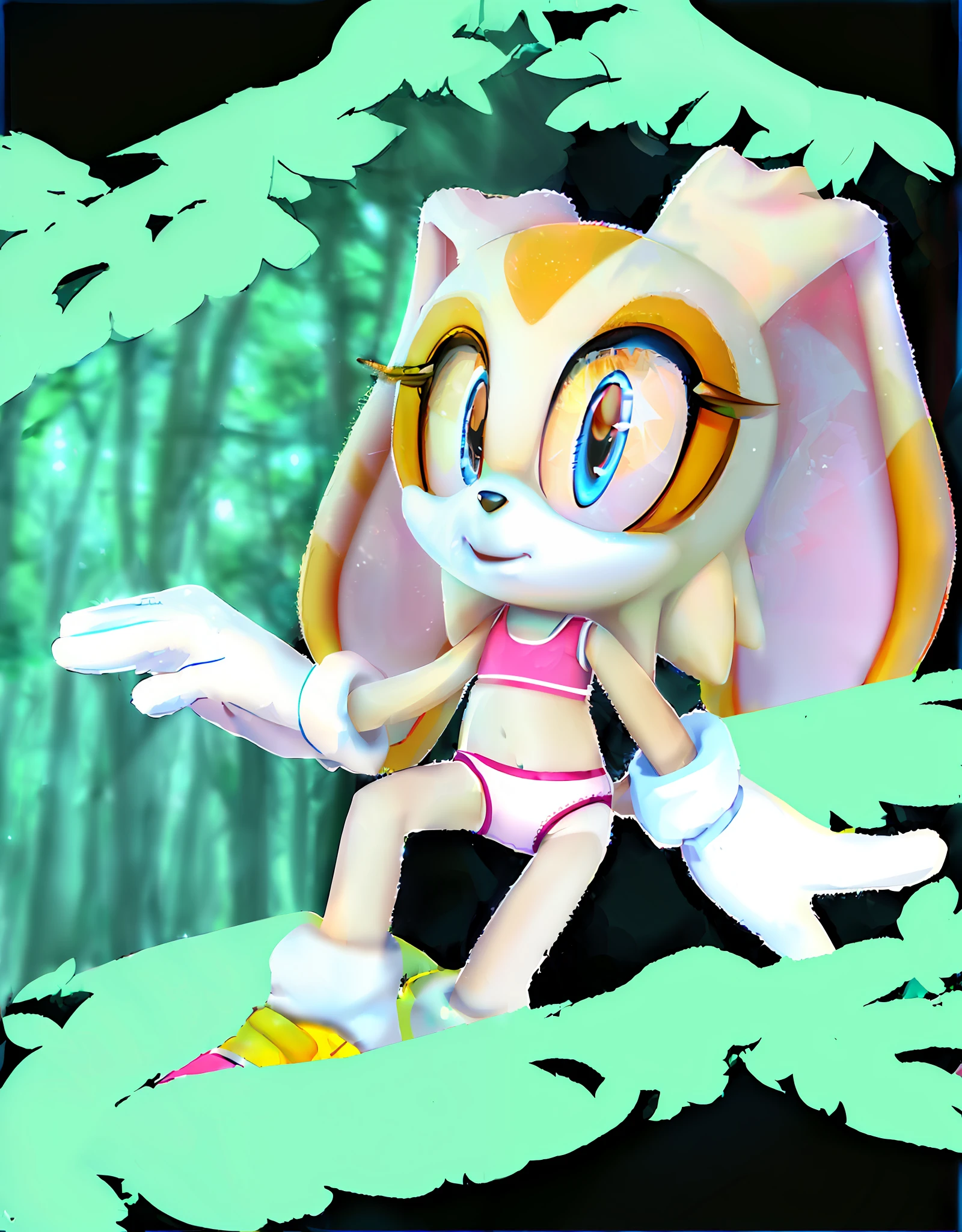 "(((masterpiece))),4k resolution,extremely delicate and beautiful,dynamic angle and pose,(1girl), animal nose, Cream the rabbit,withe sport bra, white panties, sfw, (( thin )), girl, (( thin legs )), alone, looking at viewer, in a forest,