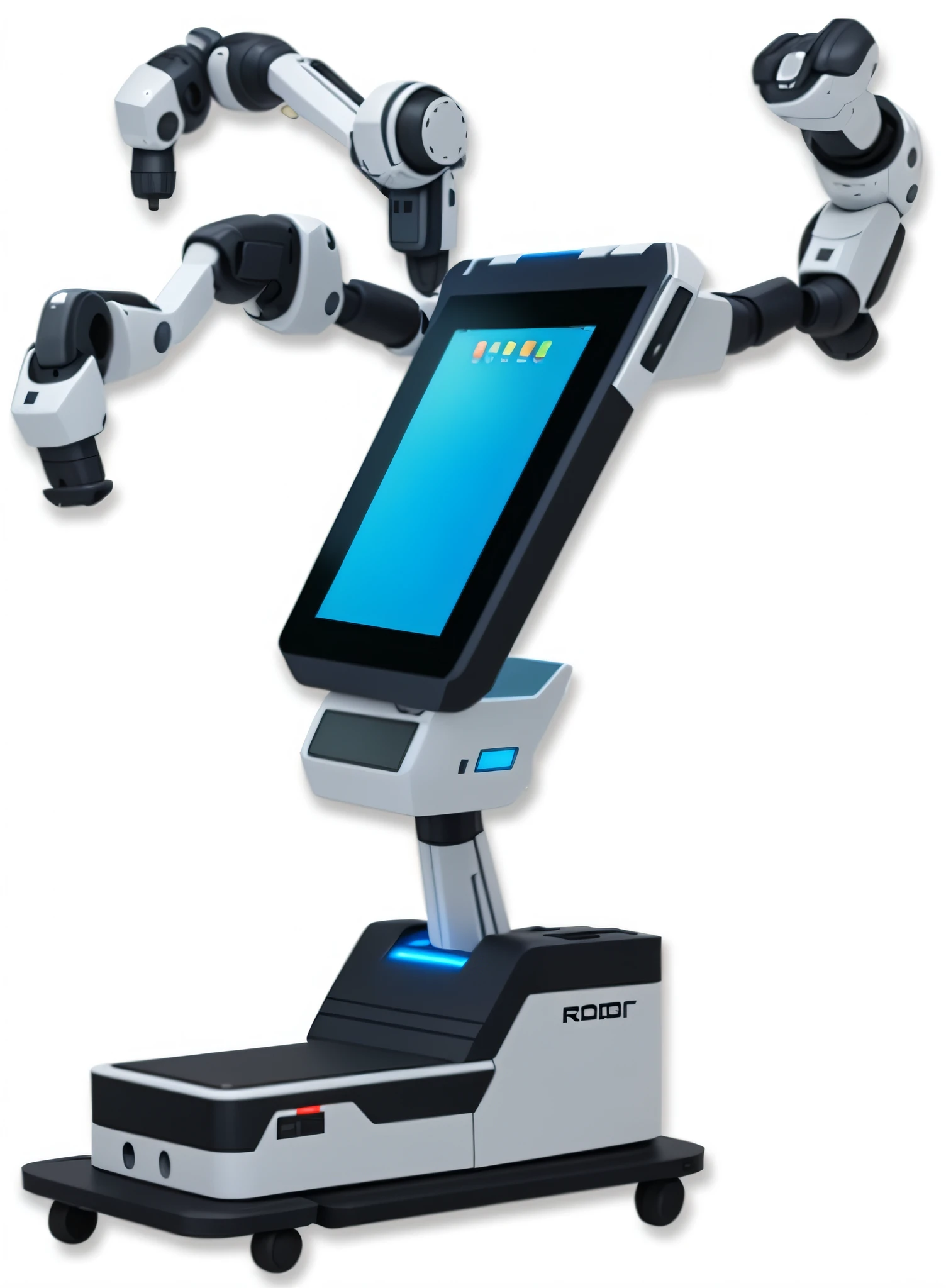 A robot, tablet on a stand with a monitor, with 3 universal robotic arms, robotic arms resembling snake-shaped robots, a base with four wheels on the base, high quality, high reality,