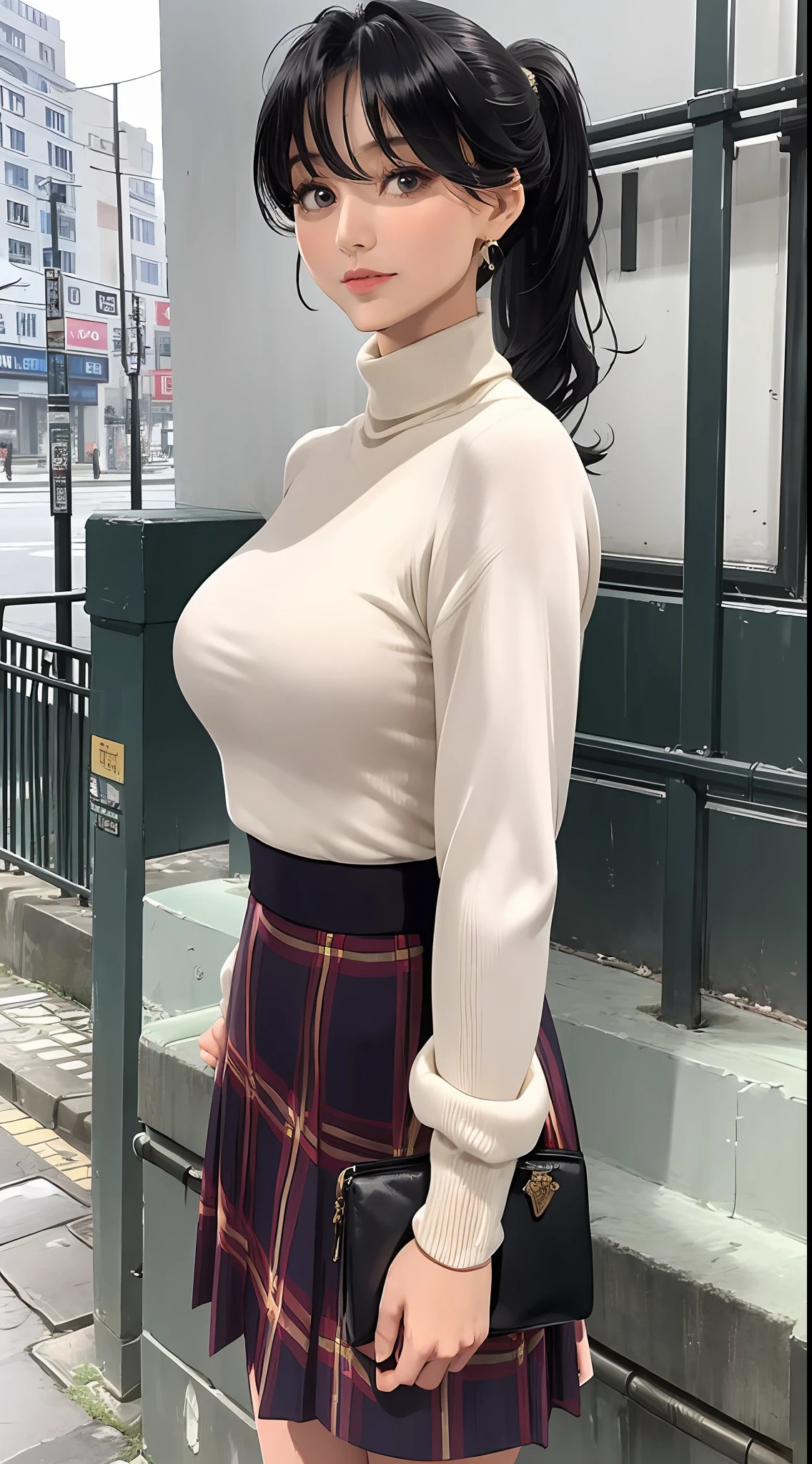 (masterpiece, best quality), beautiful woman, printed cropped turtleneck shirt, skirt, wavy hair, ponytail, asymmetrical bangs, waving at the viewer, perfect face, beautiful face, alluring, big gorgeous eyes, soft smile, perfect slim fit body, city streets, (outdoor), seoul, bright colors