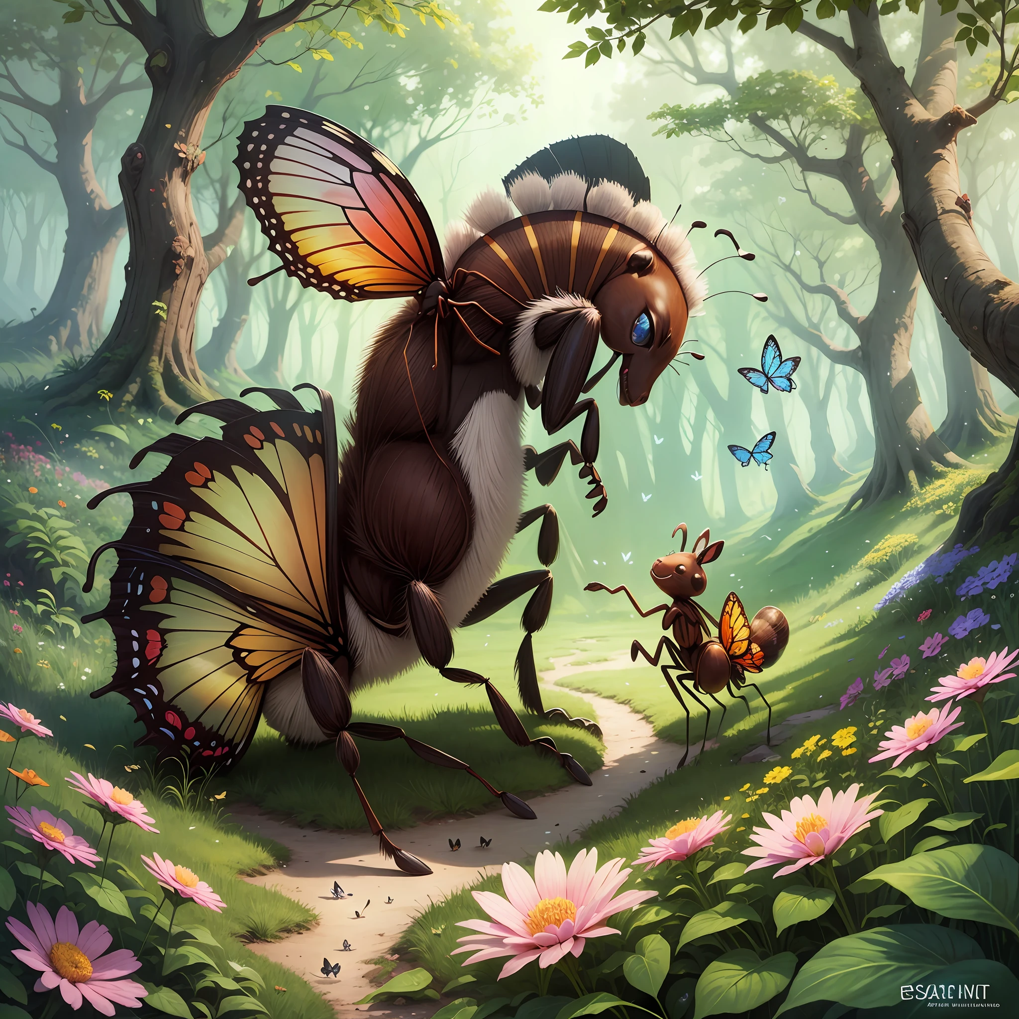 animal ant, dancing, flowers, spring in the forest. Butterflies smiling. musical notes in the air. enchanted world. --auto --s2