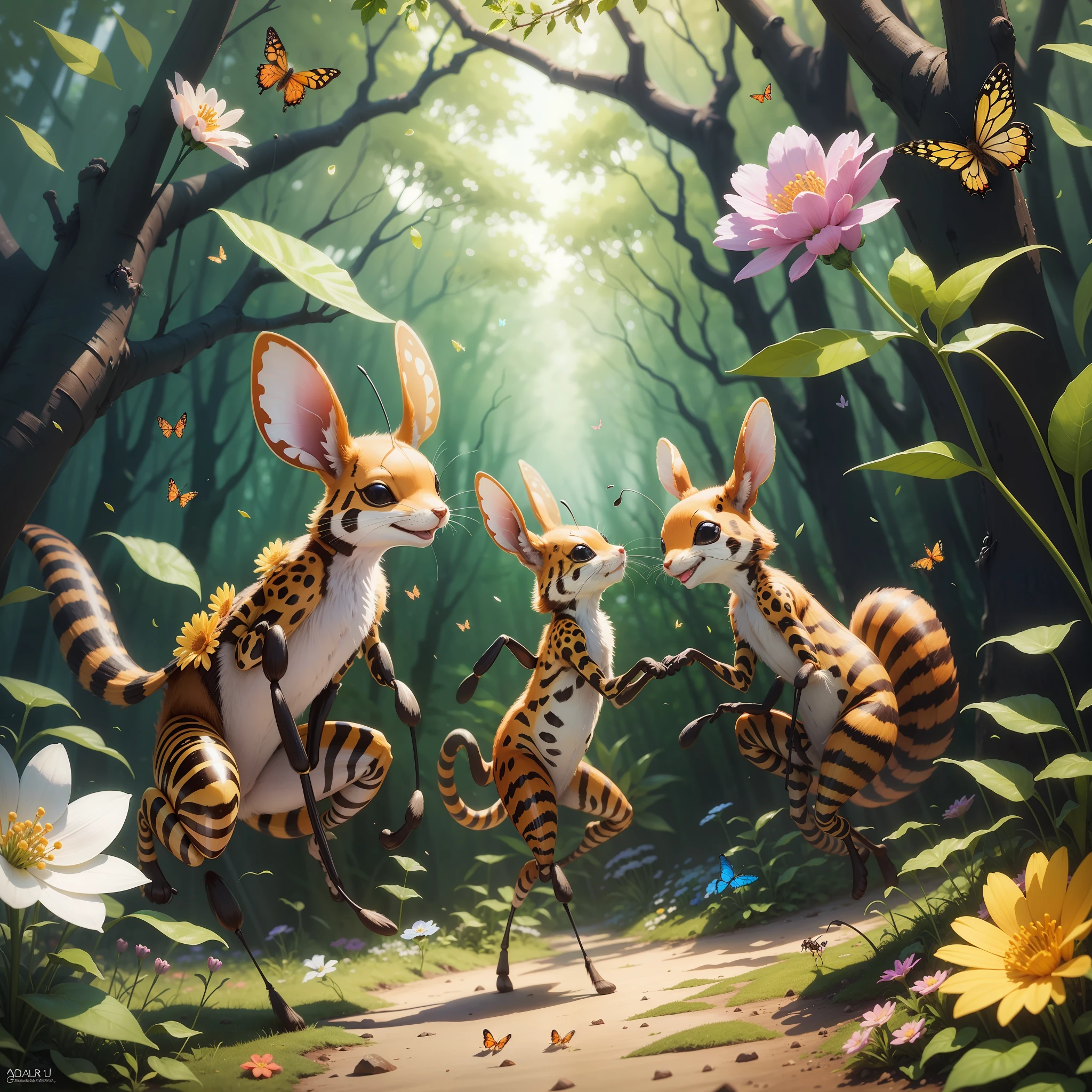 animal ant, dancing, flowers, spring in the forest. Butterflies smiling. musical notes in the air. enchanted world. --auto --s2