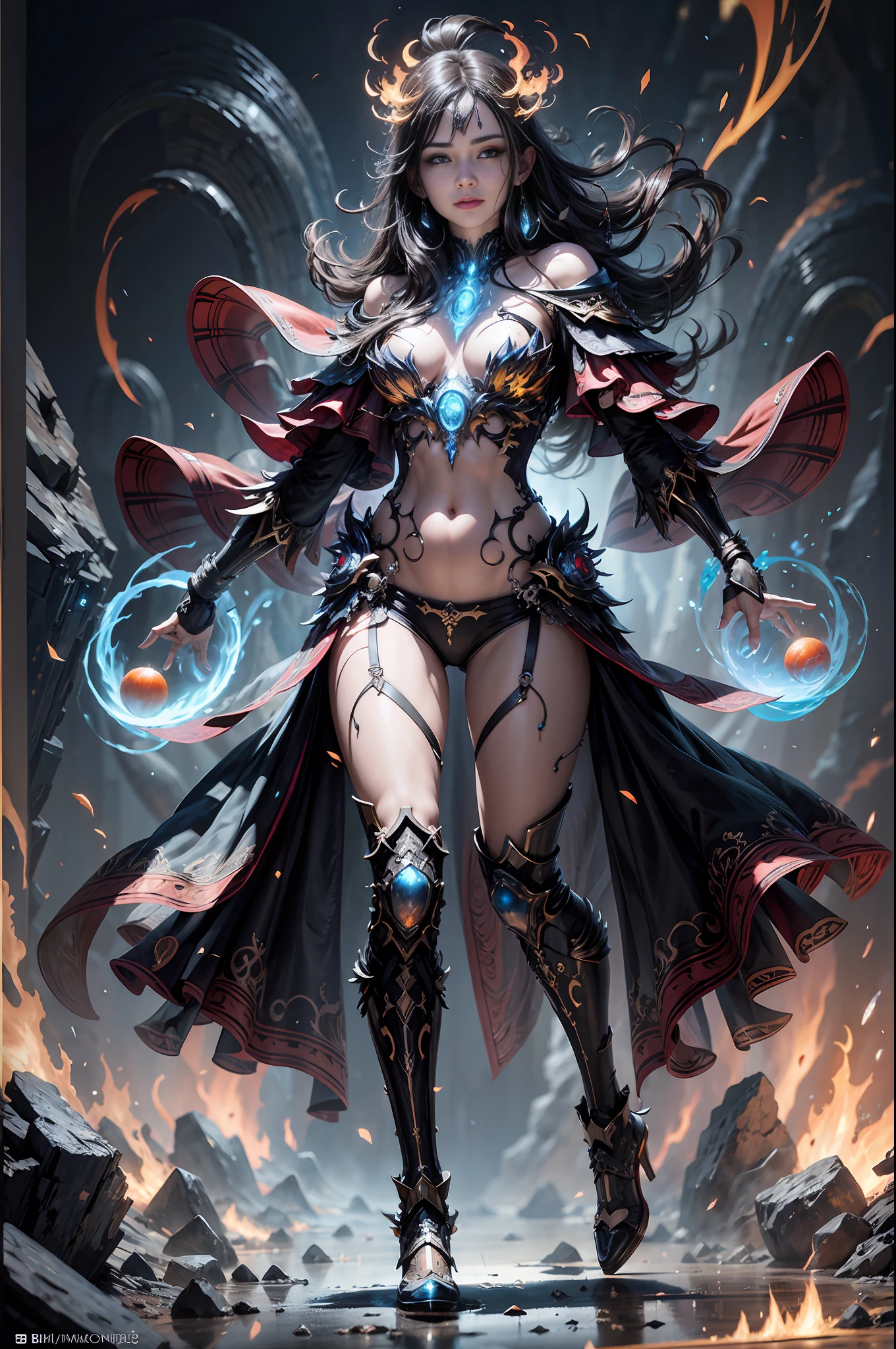 a beautiful demonic sorceress conjuring fire,standing and looking at viewers, various burning chains around her,(((detailed perfect face))),light smile, beautiful face, seductive body,tall body, mature body, BREAK burning aura, fire balls, orange and yellow spark dazzling around, small blue phoenix flying in the background, lava on the ground, magma, sexy body BREAK,Detailed,Realistic,4k highly detailed digital art,octane render, bioluminescent, BREAK 8K resolution concept art, realism,by Mappa studios,masterpiece,best quality,official art,illustration,ligne claire,(cool_color),perfect composition,absurdres, fantasy,focused,rule of thirds,