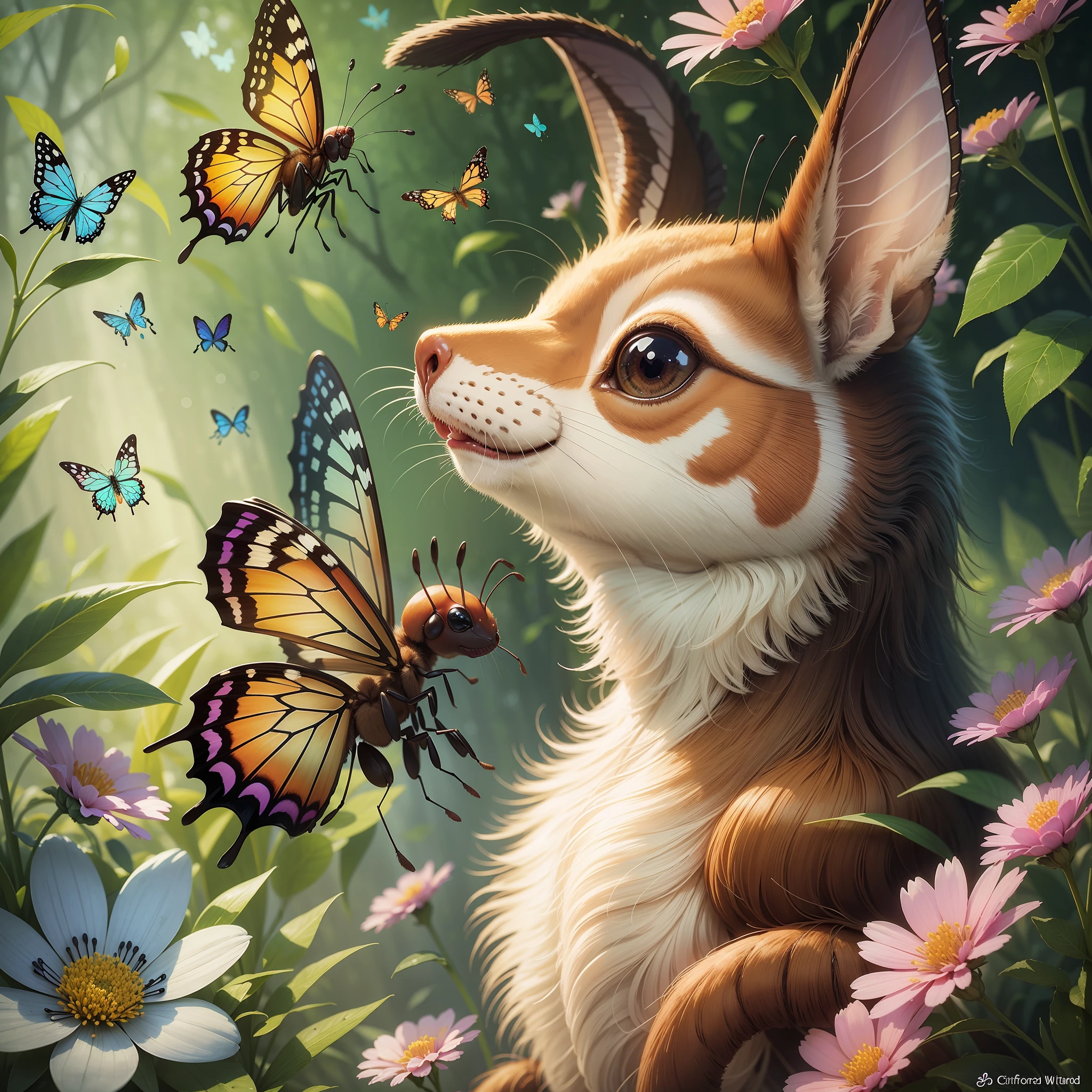 animal ant, dancing, flowers, spring in the forest. Butterflies smiling. musical notes in the air. enchanted world. --auto --s2
