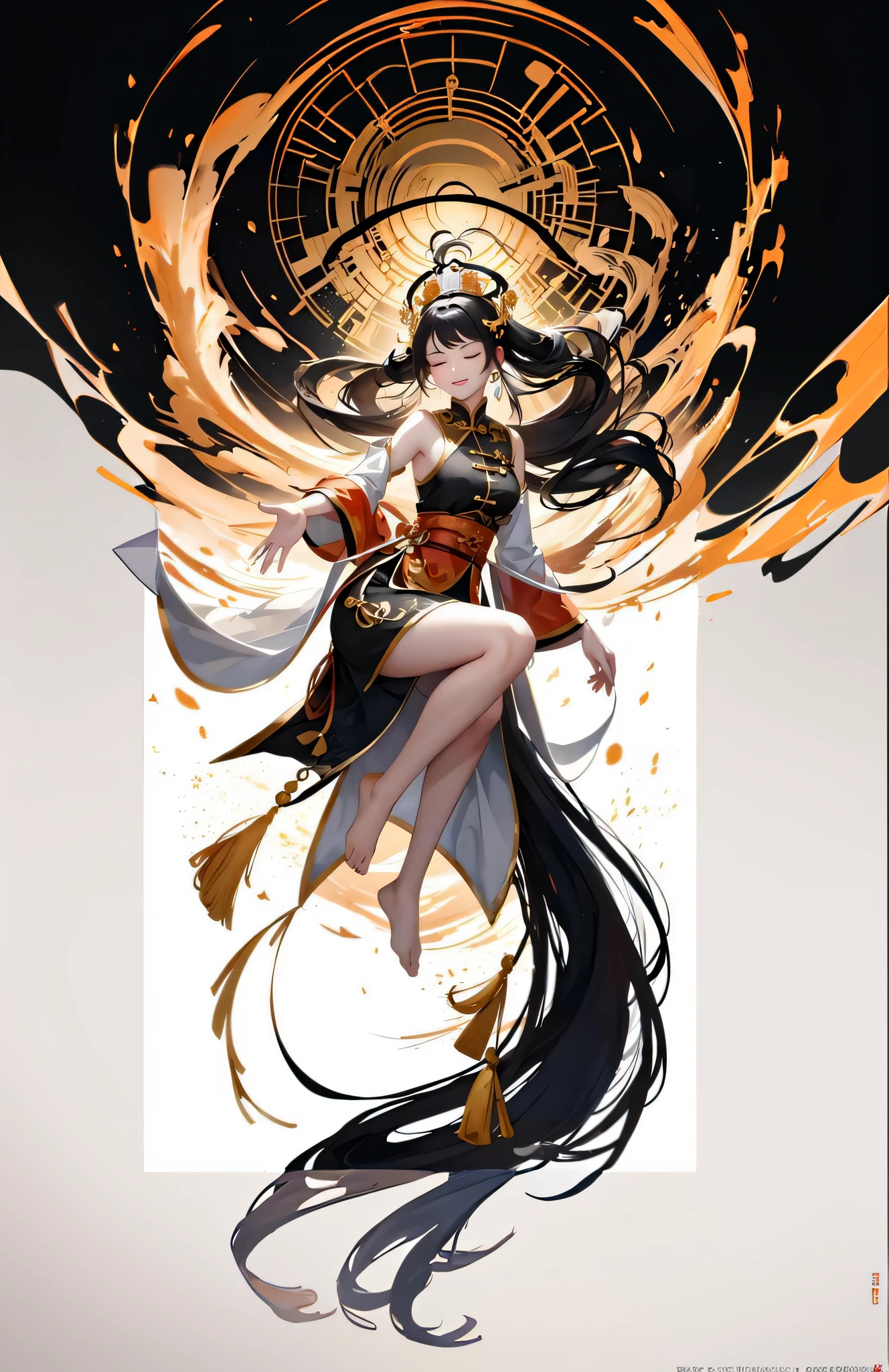 a woman in a black and white dress with long hair and a large circular object, by Yang J, keqing from genshin impact, full body xianxia, zhongli from genshin impact, onmyoji detailed art, beautiful character painting, onmyoji, inspired by Pu Hua, extremely detailed artgerm, ayaka genshin impact, anime goddess