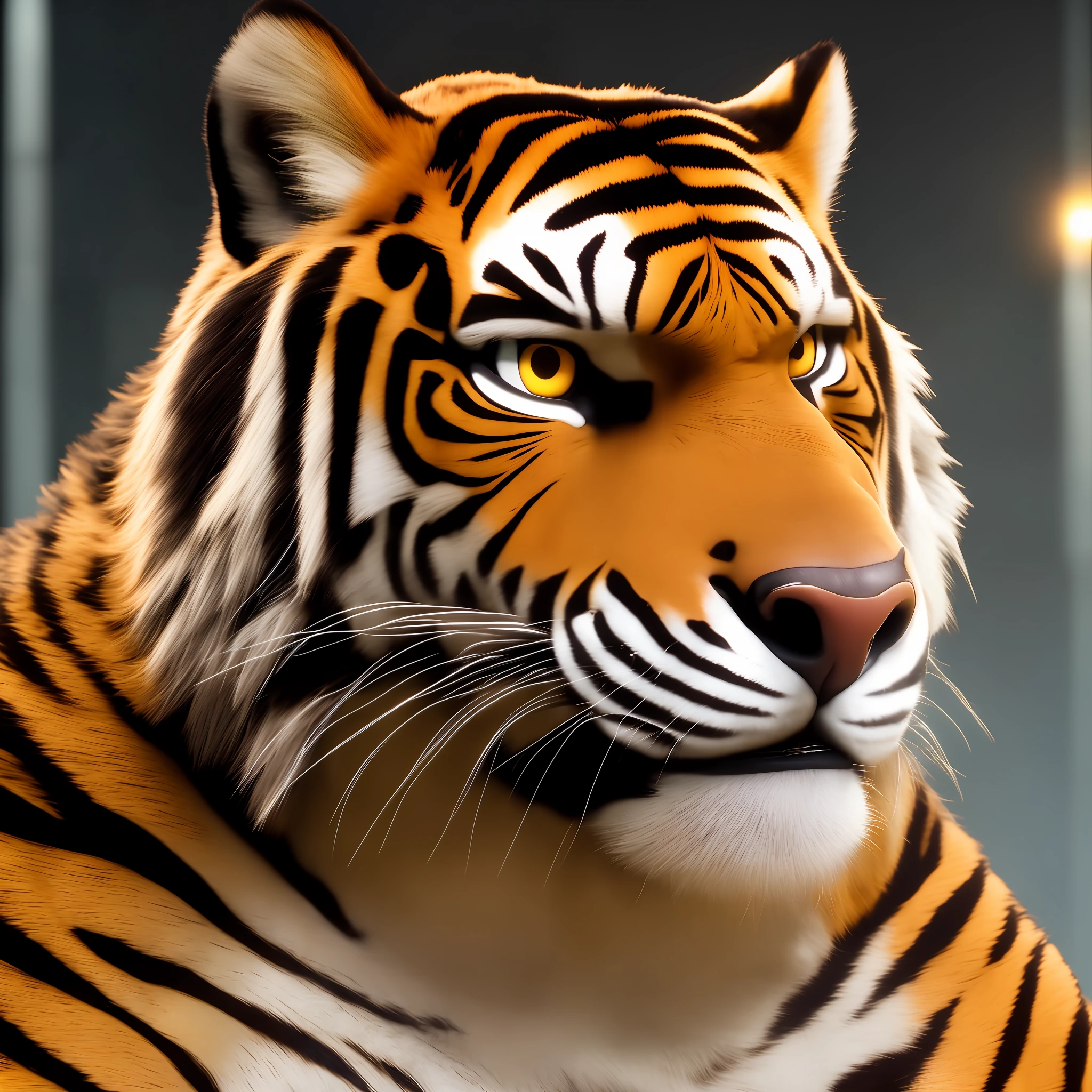 Furrender style, portrait of a large and muscular Siberian tiger, wearing dental lab coat, film set background, orange eyes, photorealistic, 35mm, cinematic lighting and color grading, main light, sharp focus, depth of field background, extreme detail, 4k, (soft lighting: 1.4)