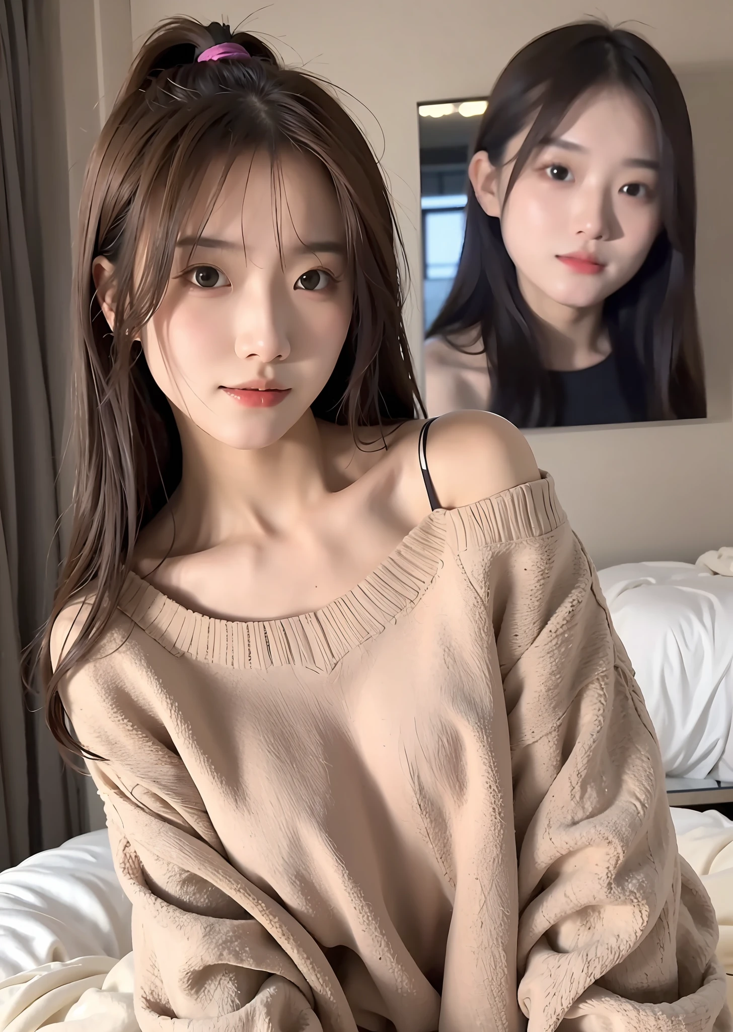 8k, ultra-detailed, physically based rendering, Kpop idol, bedroom, night, perfect skin, closed mouth, off-the-shoulder sweater, soft light
