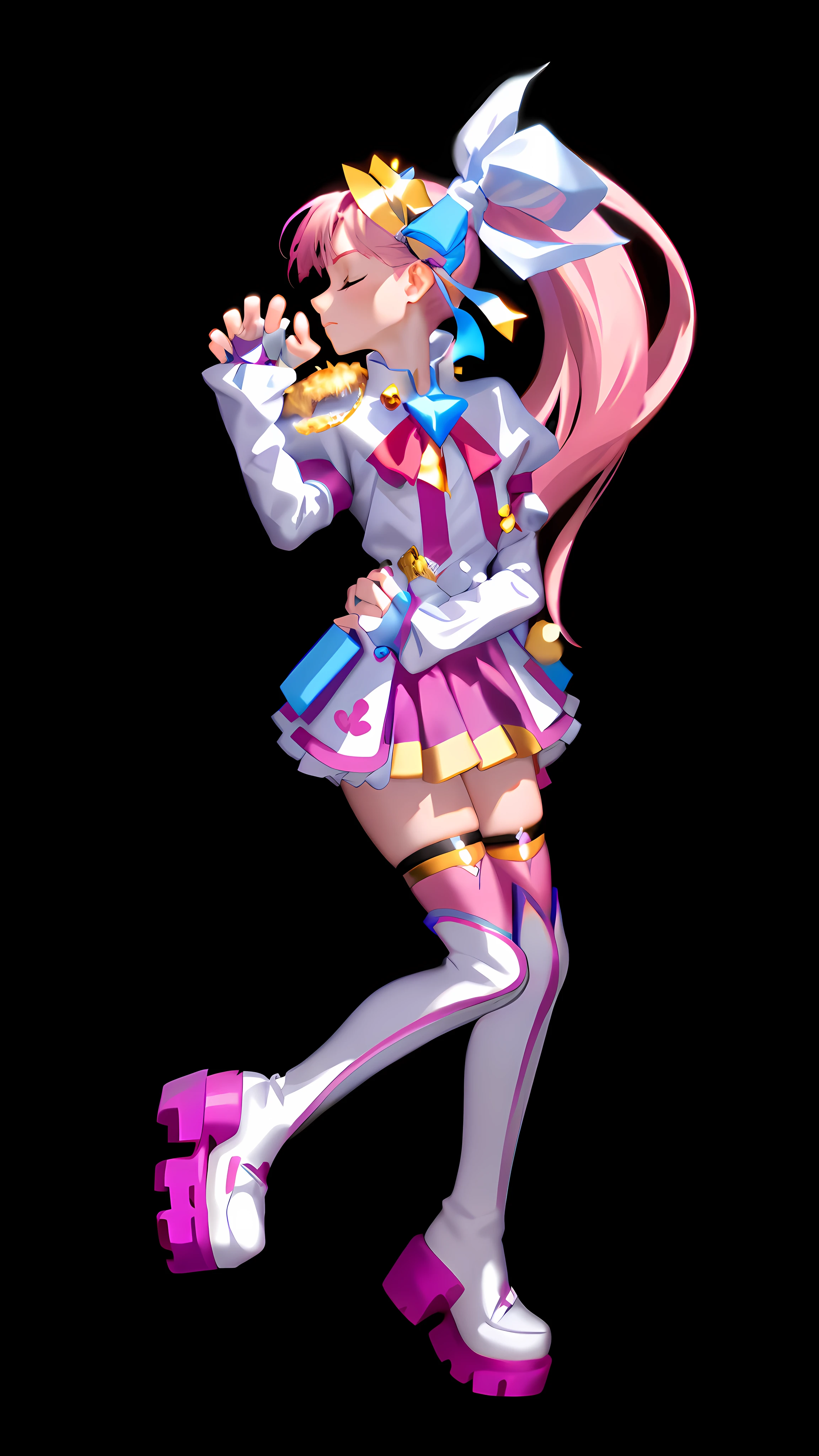 (Masterpiece: 1.5), (Best quality: 1.5), 8k, (Perfect hand: 1.5), 1 girl, eyes closed, mouth closed, pink hair, single ponytail, white top, pink pleated skirt, pink over-the-knee socks, white boots, (no background: 1.5), skinny legs, (cat's claw gesture: 1.5), (perfect hands: 1.5), (five fingers: 1.5),